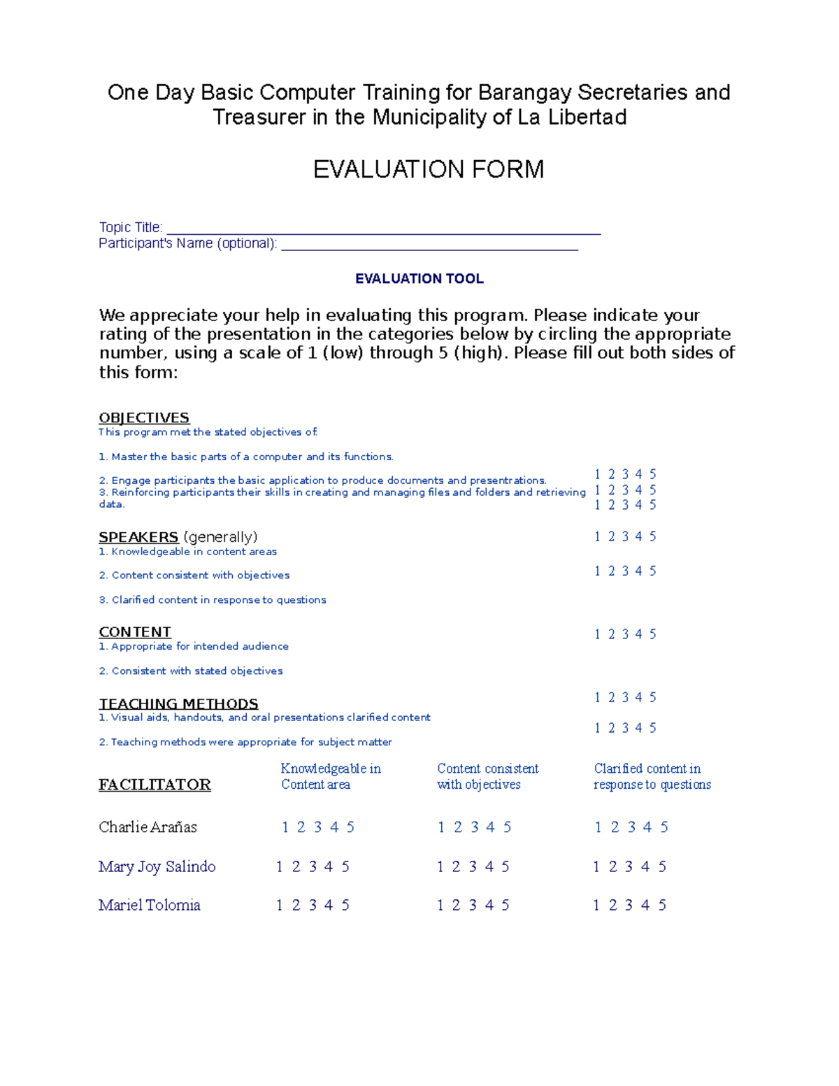 Sampleevaluationforms - One Day Basic Computer Training for Barangay ...