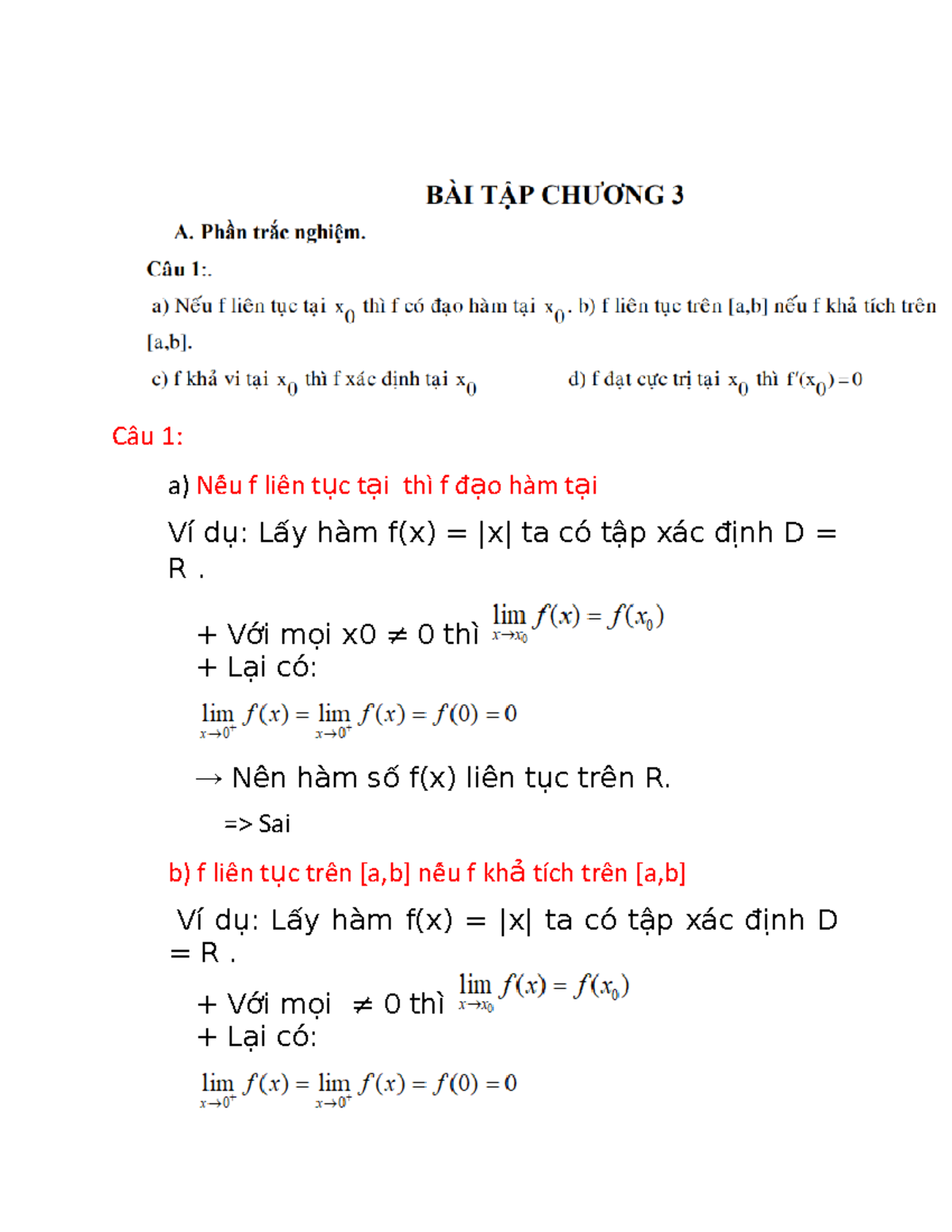 Bài tập toán cc chương 3 - tcc - Câu 1: a) Nếếu f liến t ục t ại thì f ...
