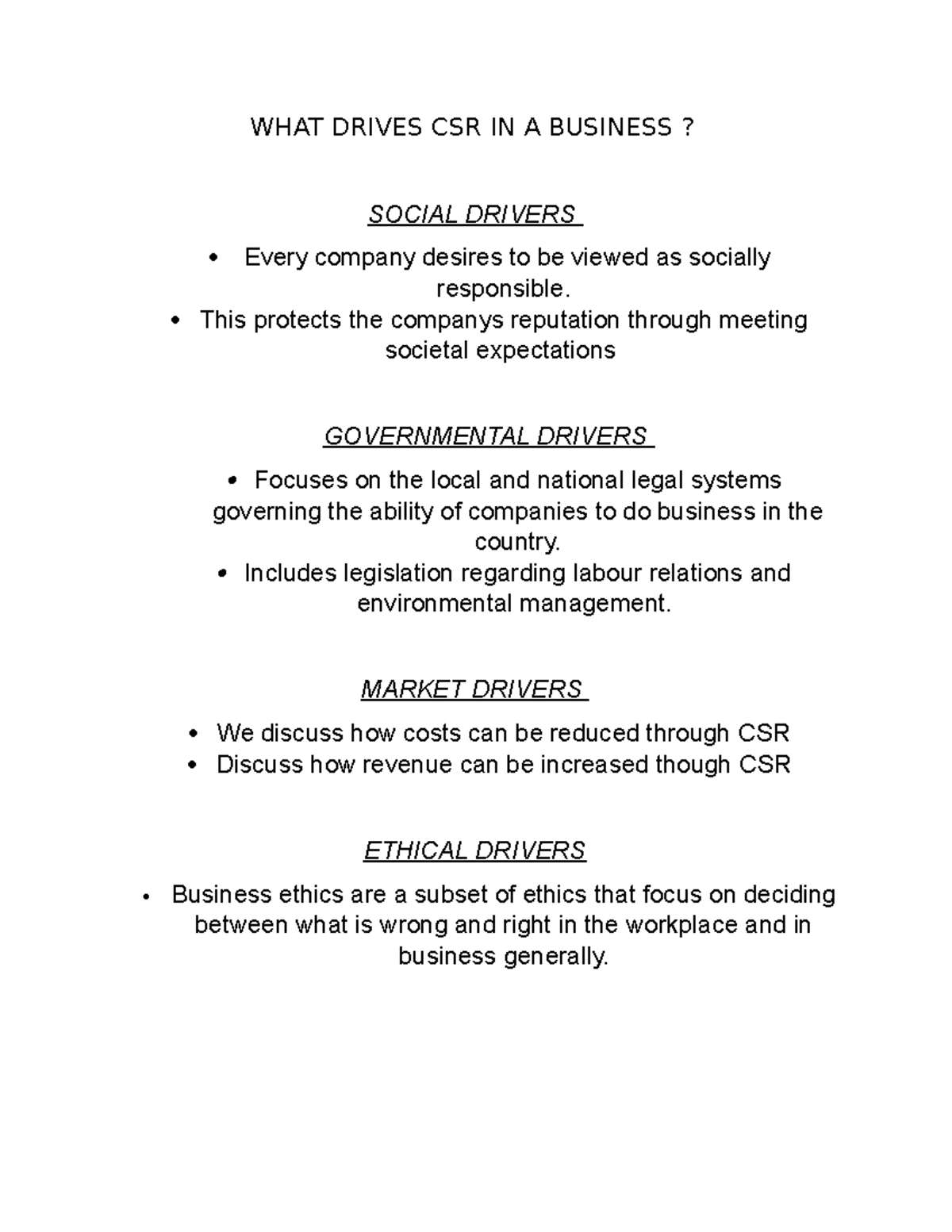 Drivers in csr go over it WHAT DRIVES CSR IN A BUSINESS? SOCIAL