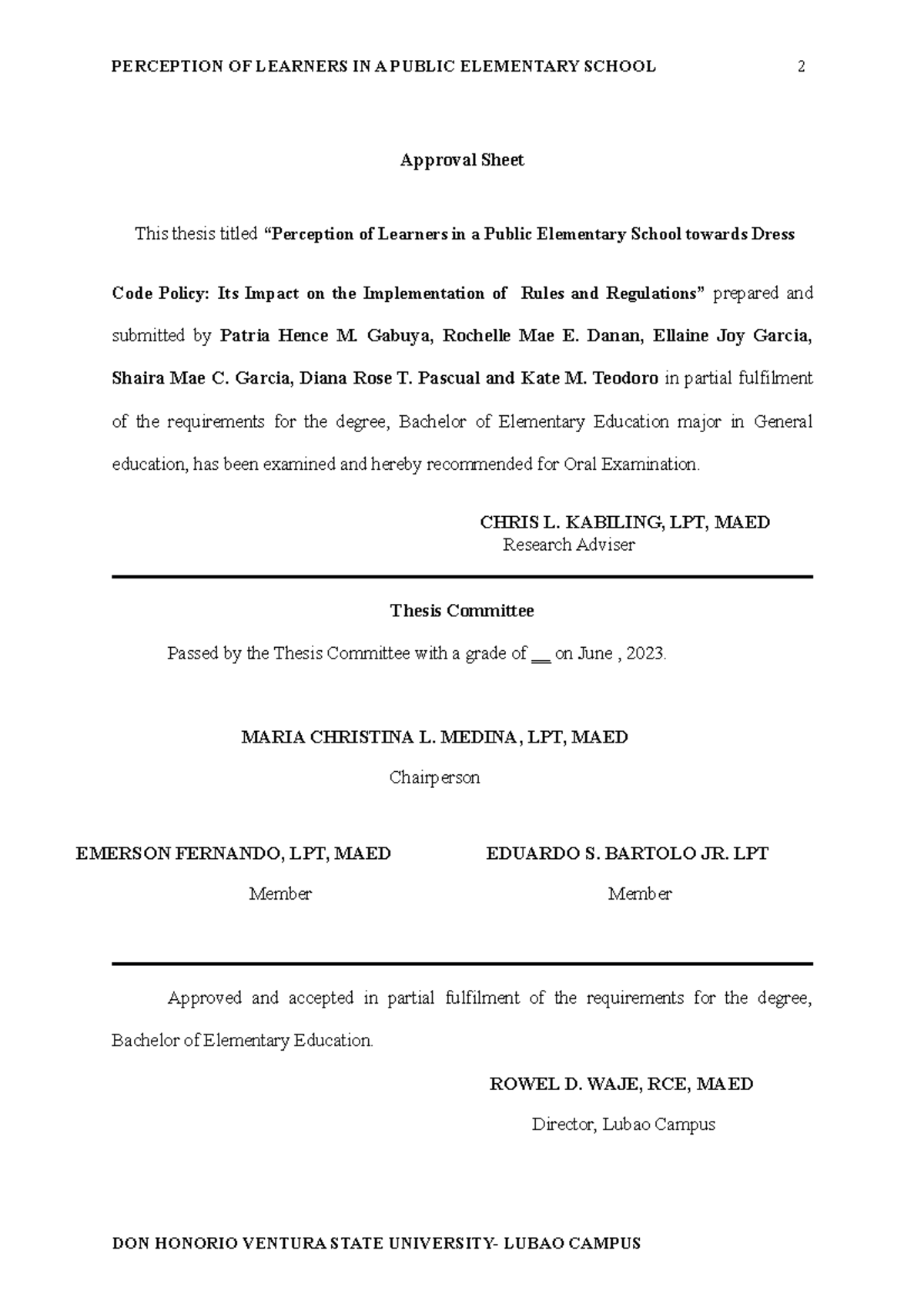 Approval Sheet and Acknowledgment (G-4) - PERCEPTION OF LEARNERS IN A ...