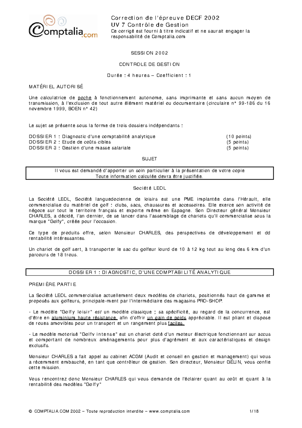 Sujet corrige DECF UV7 2002 - UV 7 Co n t r ô l e d e Ge st i o n Ce ...