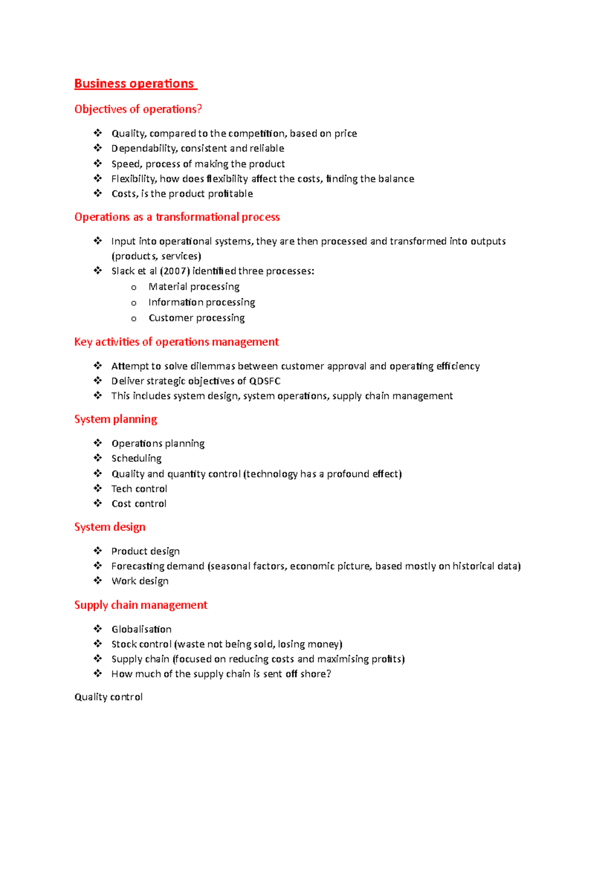 Lecture 11 business operations - Business operations Objectives of ...