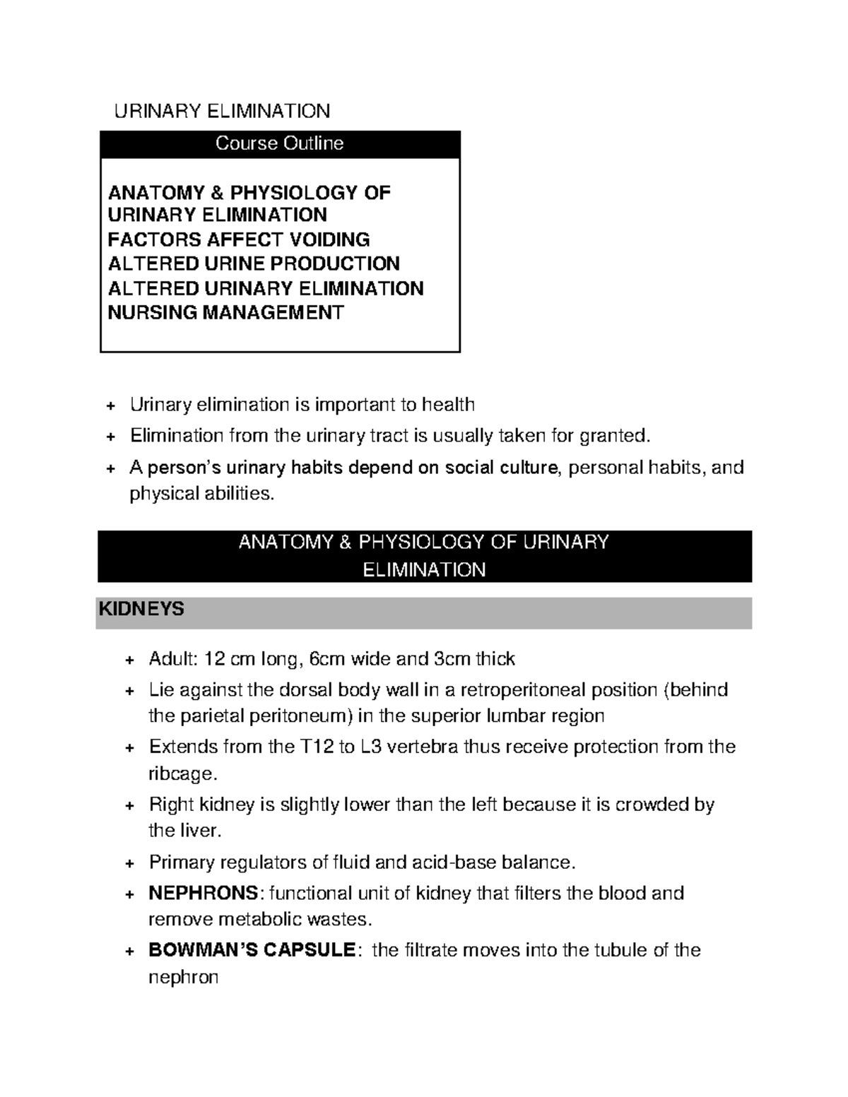 Urinary Elimination summary URINARY ELIMINATION Course Outline