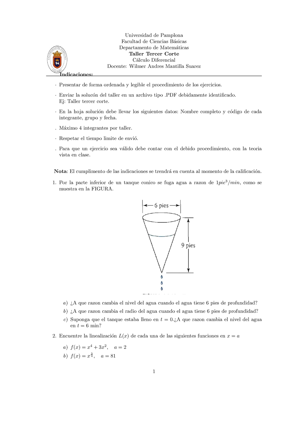 Taller Diferencial 3 Corte - Universidad De Pamplona Facultad De ...