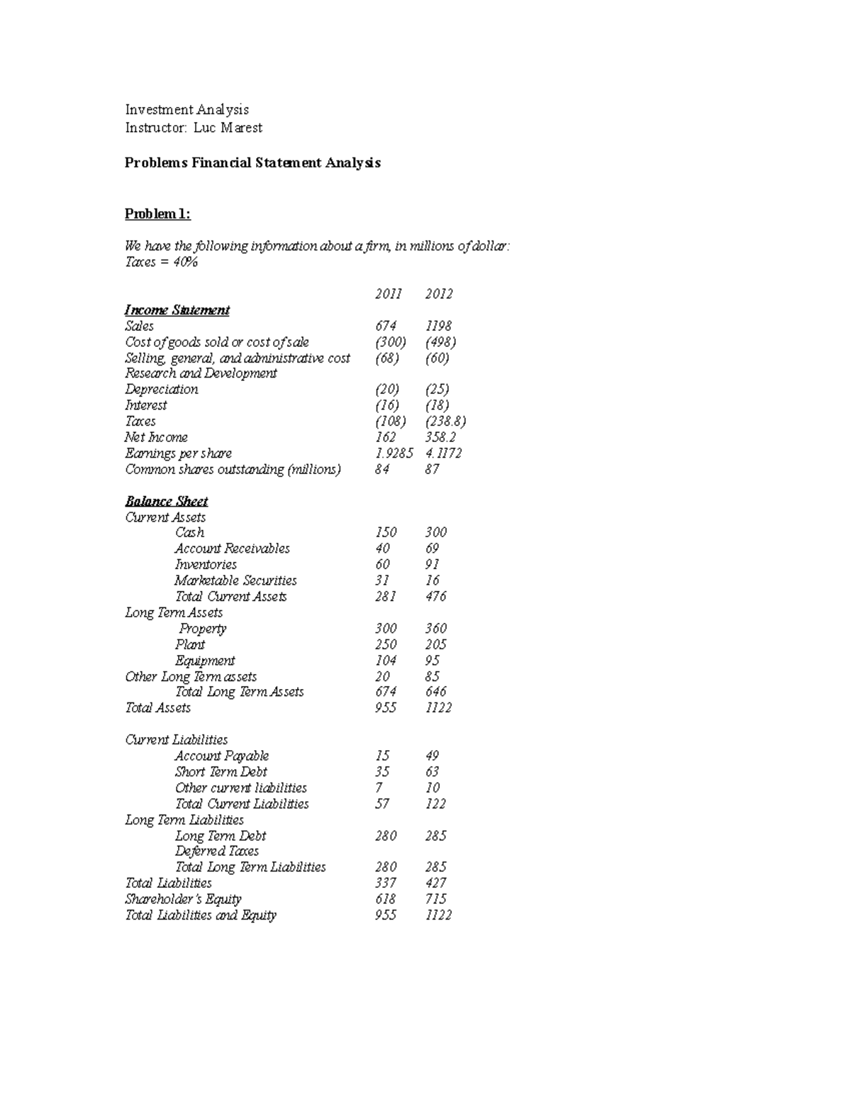 Inv Problemsclass 8Fin Ana - Investment Analysis Instructor: Luc Marest ...