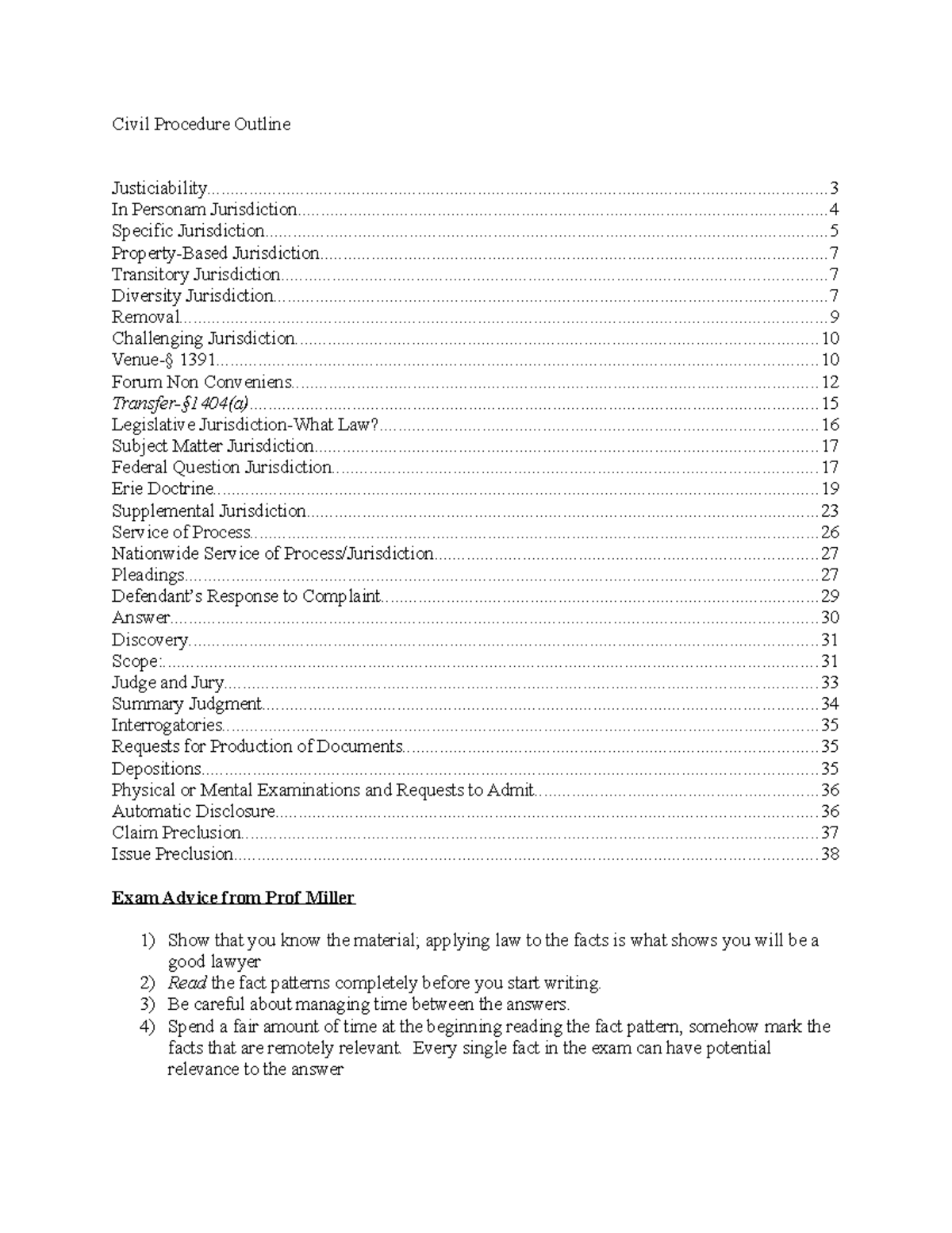 Civ Pro.Miller - Civil Procedure - Civil Procedure Outline - Studocu