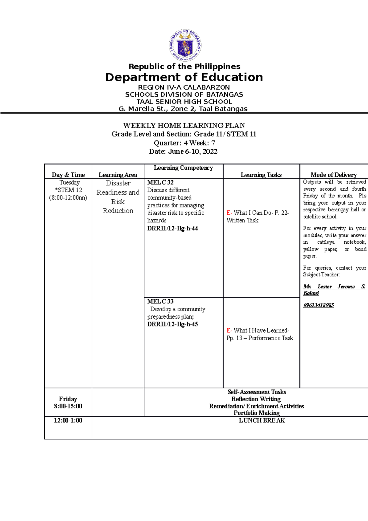 WHLP Quarter 4 W7W8 DRRR STEM 11 - Republic of the Philippines ...