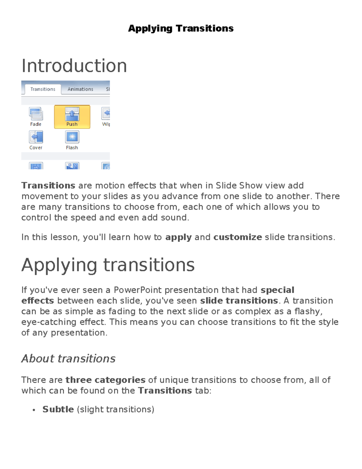 6Applying Transitions - Introduction Transitions are motion effects ...