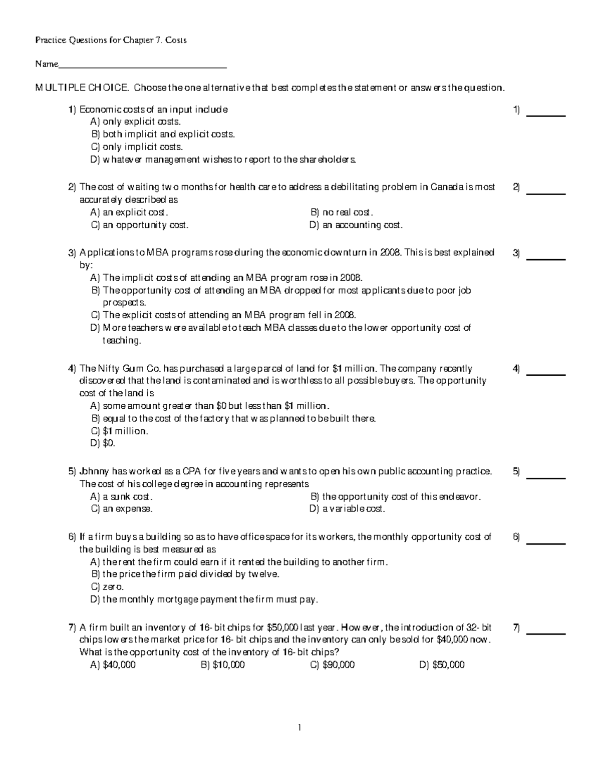 Chapter 7 practice questions - Practice Questions for Chapter 7. Costs ...