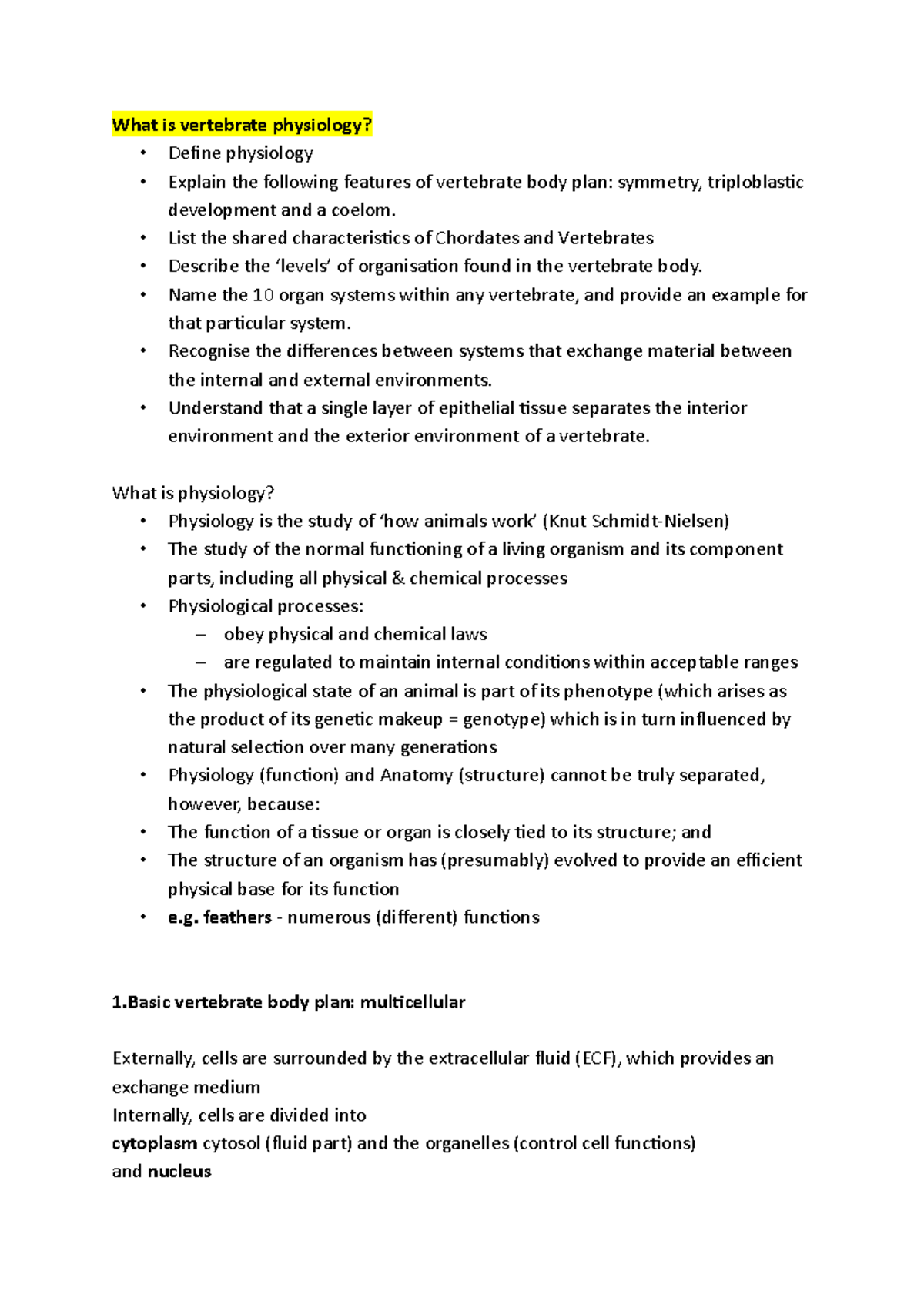 What is vertebrate physiology - List the shared characteristics of ...