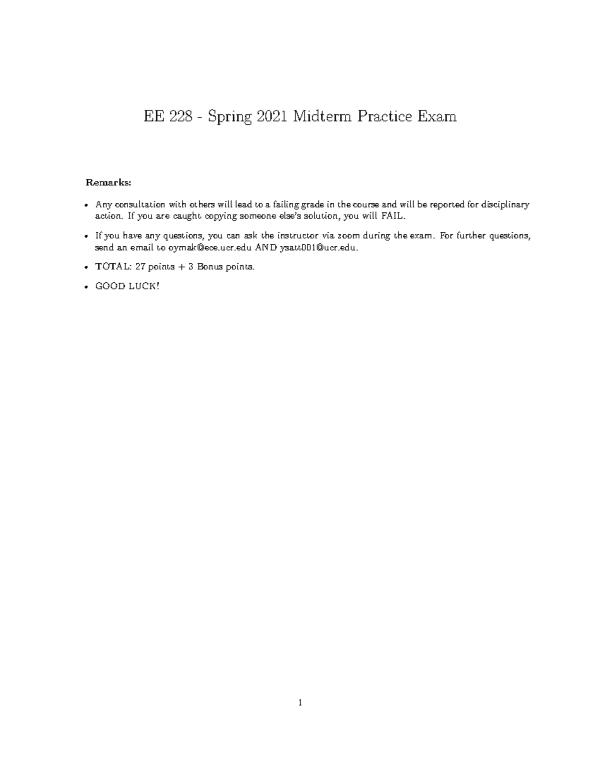 Midterm Practice Solutions - EE 228 - Spring 2021 Midterm Practice Exam ...
