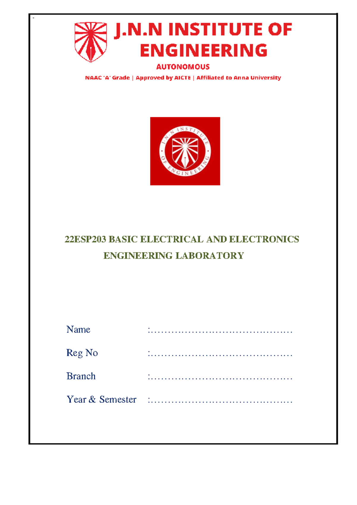 22ESP203 Lab Manual - lab record - 22ESP20 3 BASIC ELECTRICAL AND ...