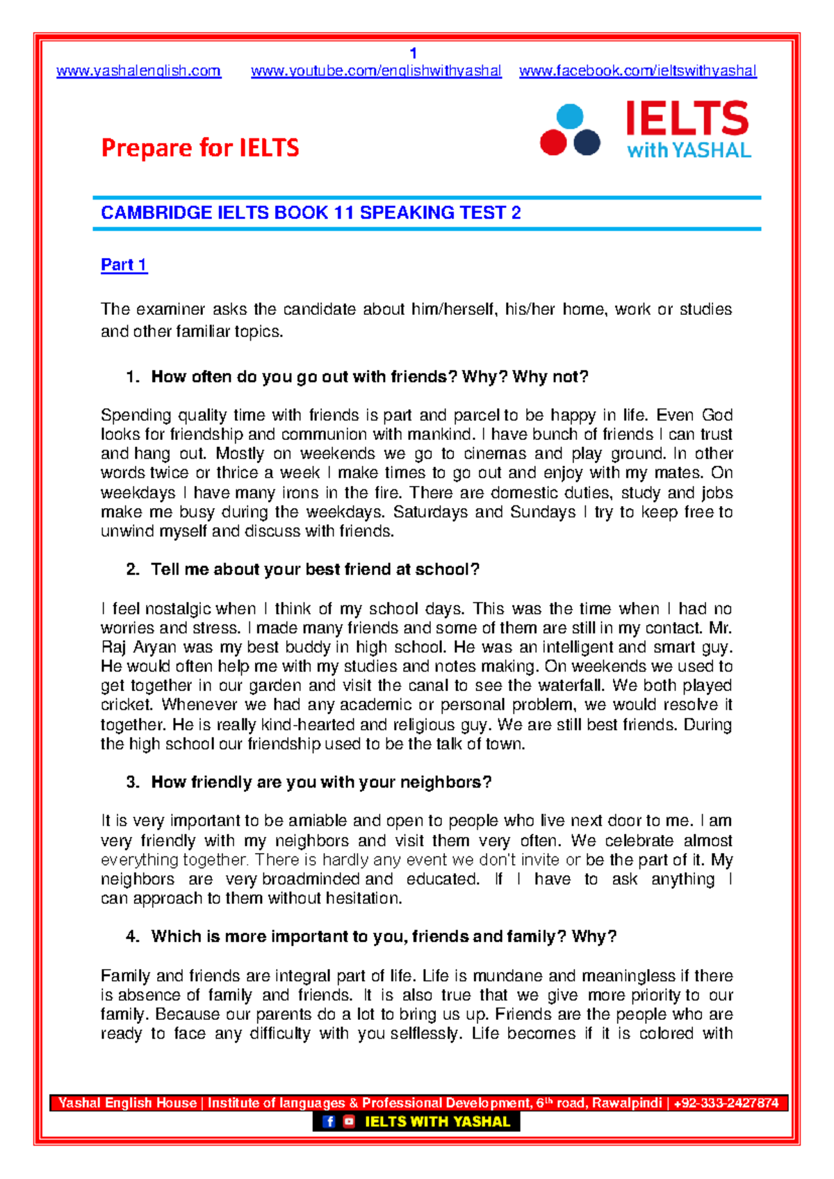 Cambridge Ielts BOOK 11 Speaking TEST 2 - yashalenglish youtube ...