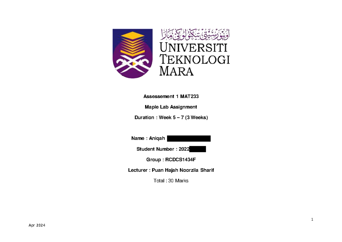 Assessment 1 MAT233 - 1 Assessement 1 MAT Maple Lab Assignment Duration ...