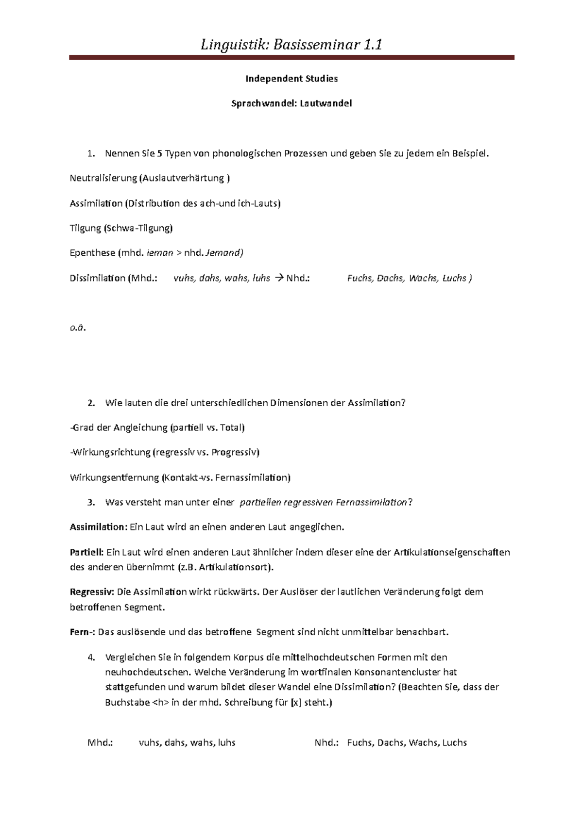 Übungen Lautwandel Lösung Linguistik Basisseminar 1. Independent