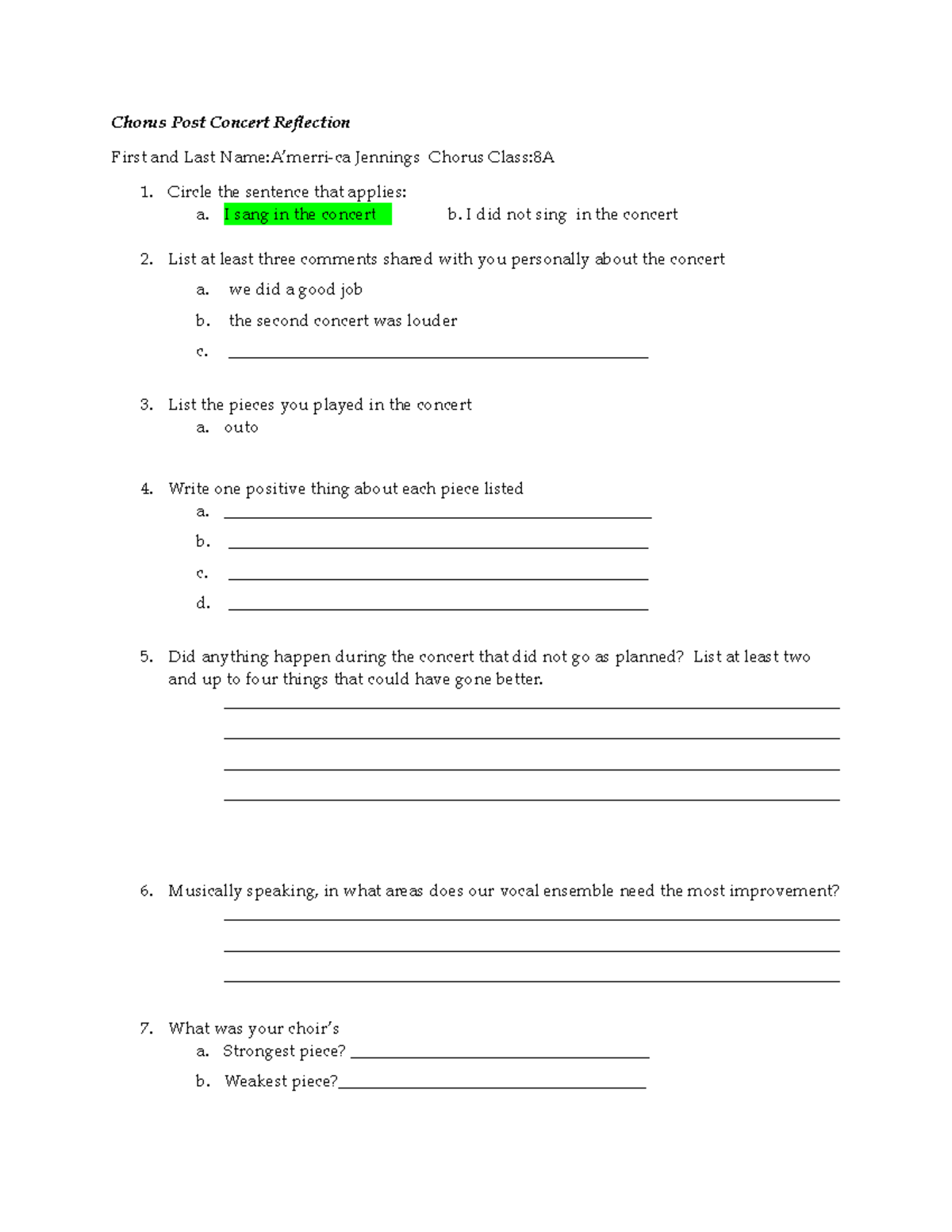 Copy of Concert Reflection Chorus Post Concert Reflection First and