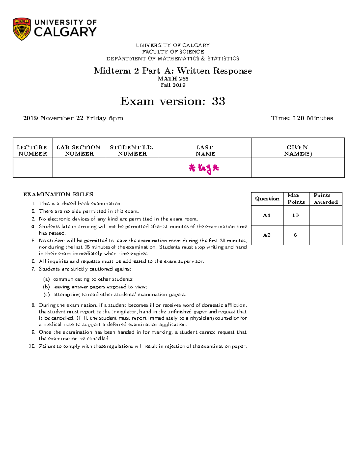 Midterm 2 2019, questions and answers - UNIVERSITY OF CALGARYFACULTY OF ...