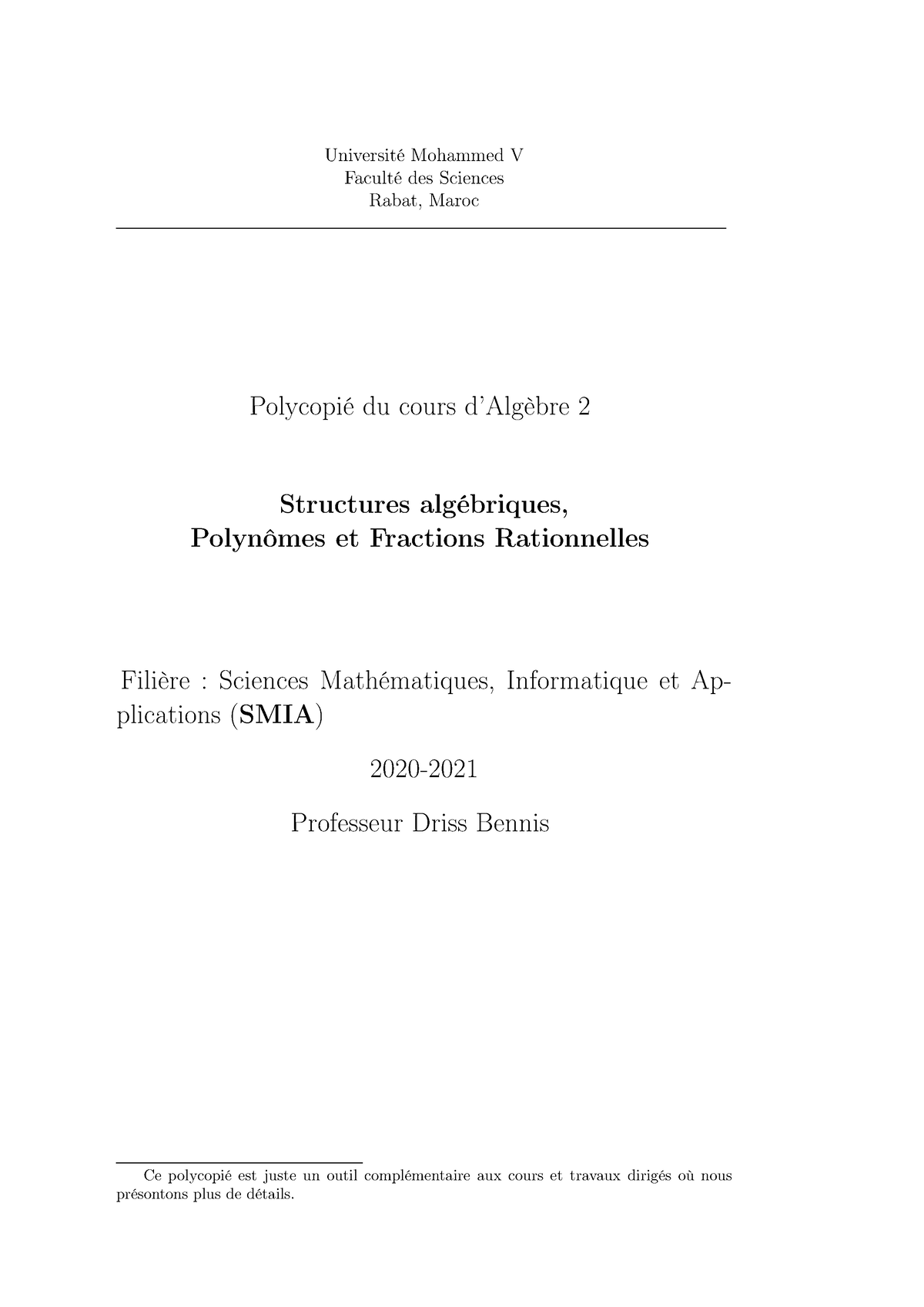 Algebre - Université Mohammed V Faculté des Sciences Rabat, Maroc ...