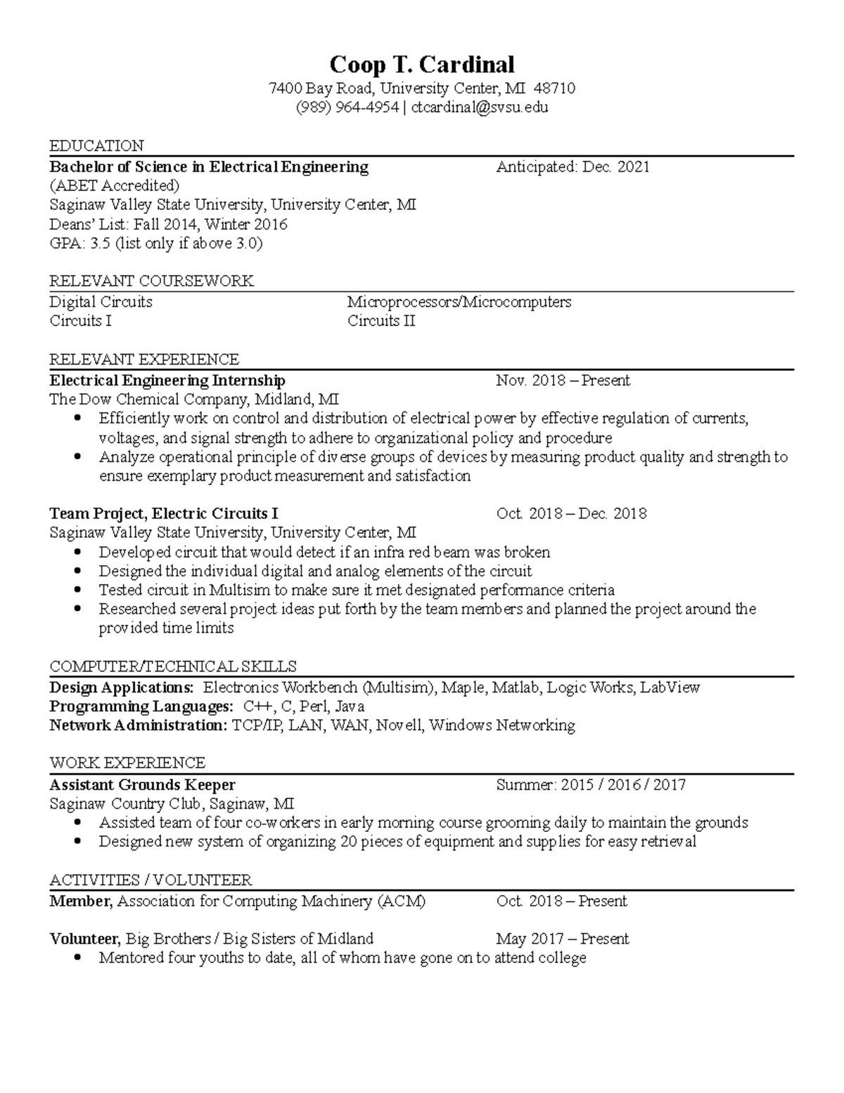 Resume Template - Electrical Engineering - Coop T. Cardinal 7400 Bay ...