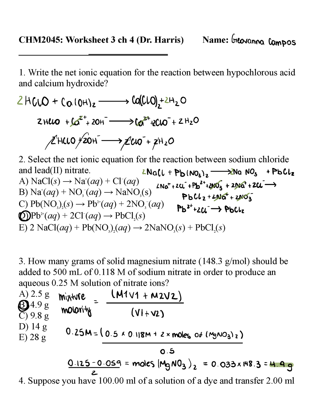 Ch. 4 Discussion Worksheet (Three Major Classes of Chemical Reactions ...