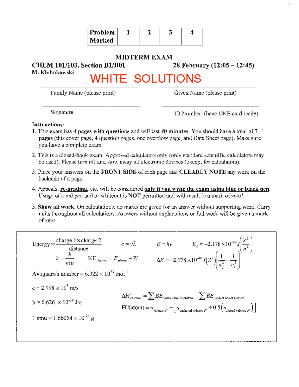 Midterm February 2018, questions and answers - Chem101 - WHITE ...
