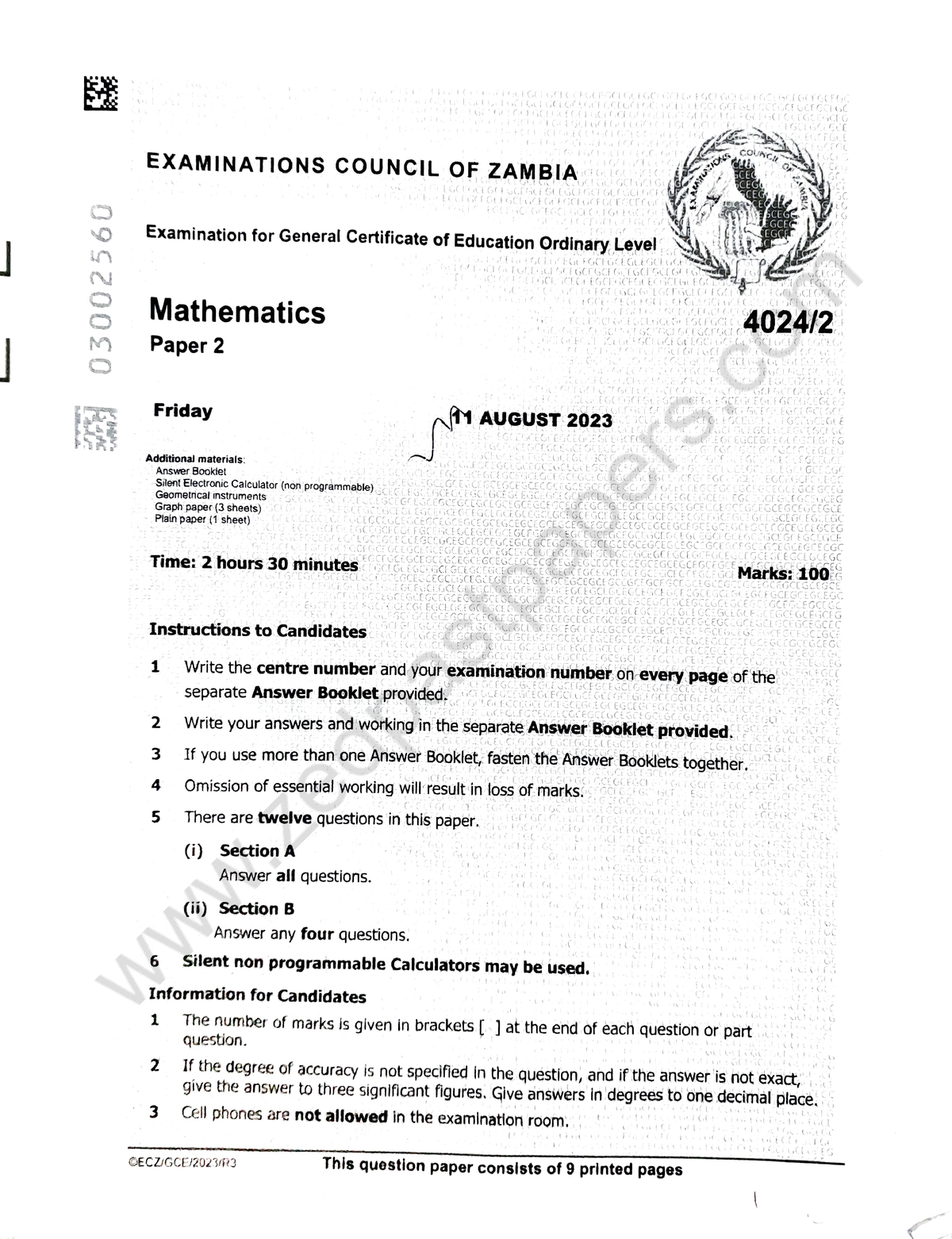 G12 maths p2 2023 gce 03002560 EXAMINATIONS COUNCIL OF ZAMBIA