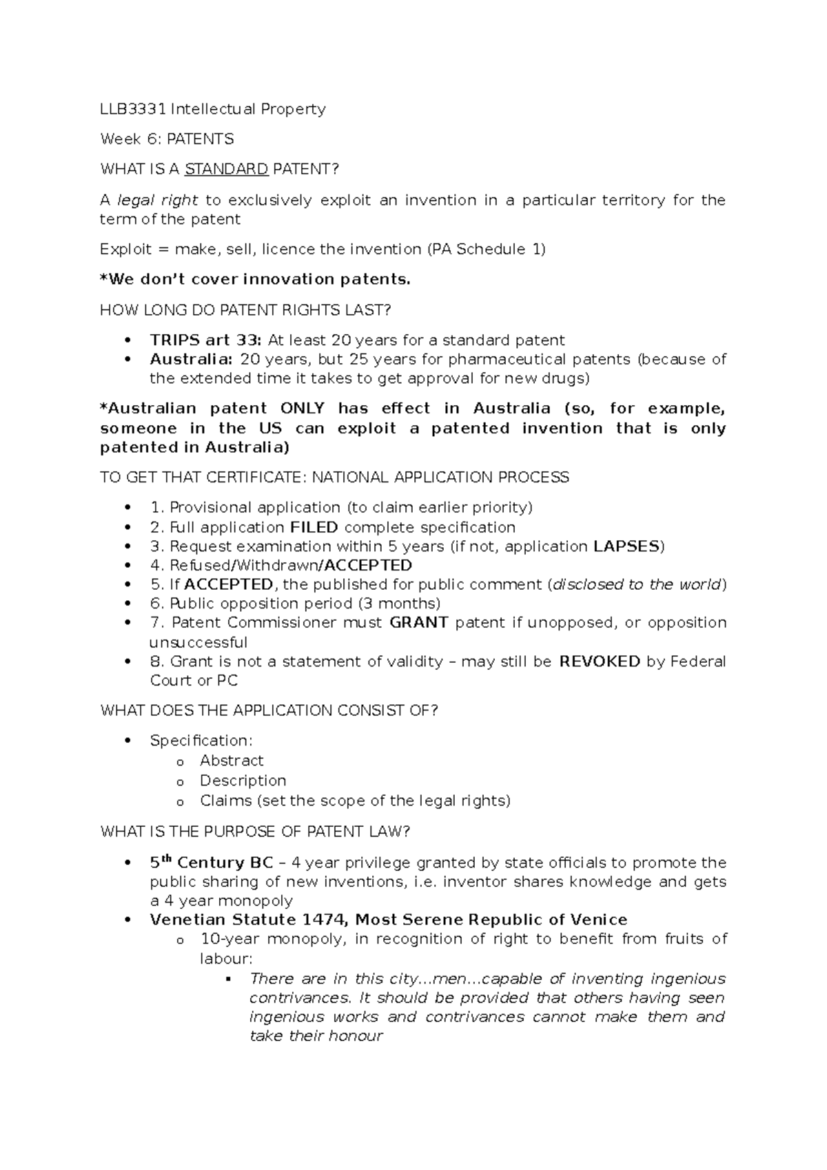 Week 6 Intro to Patents LLB3331 Intellectual Property Week 6 PATENTS WHAT IS A STANDARD