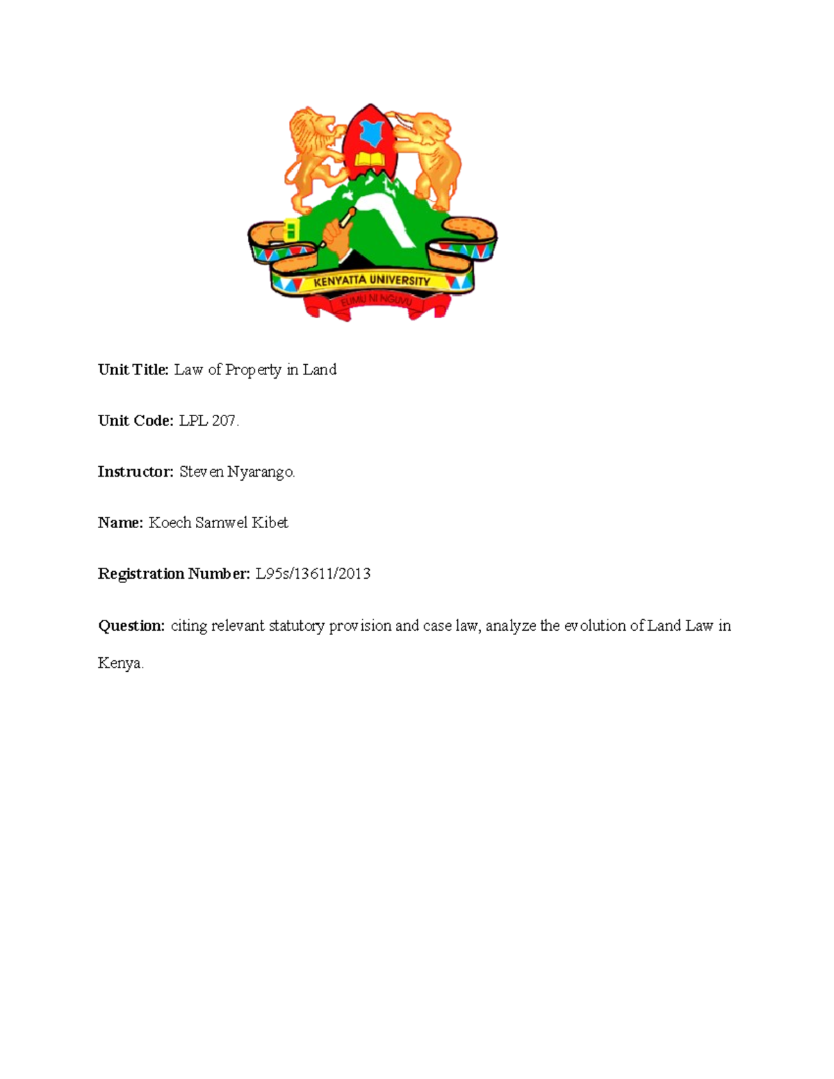 Land law In Kenya35232690 Unit Title Law of Property in Land Unit