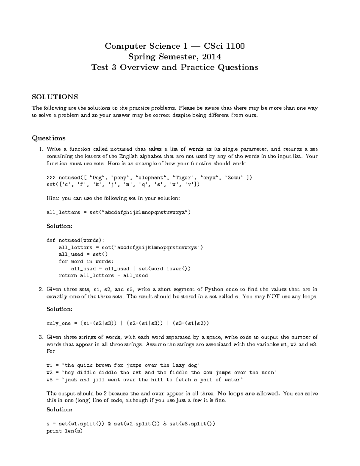 Fall 2014 Exam #3 Overview And Answers - Computer Science 1 — CSci 1100 ...