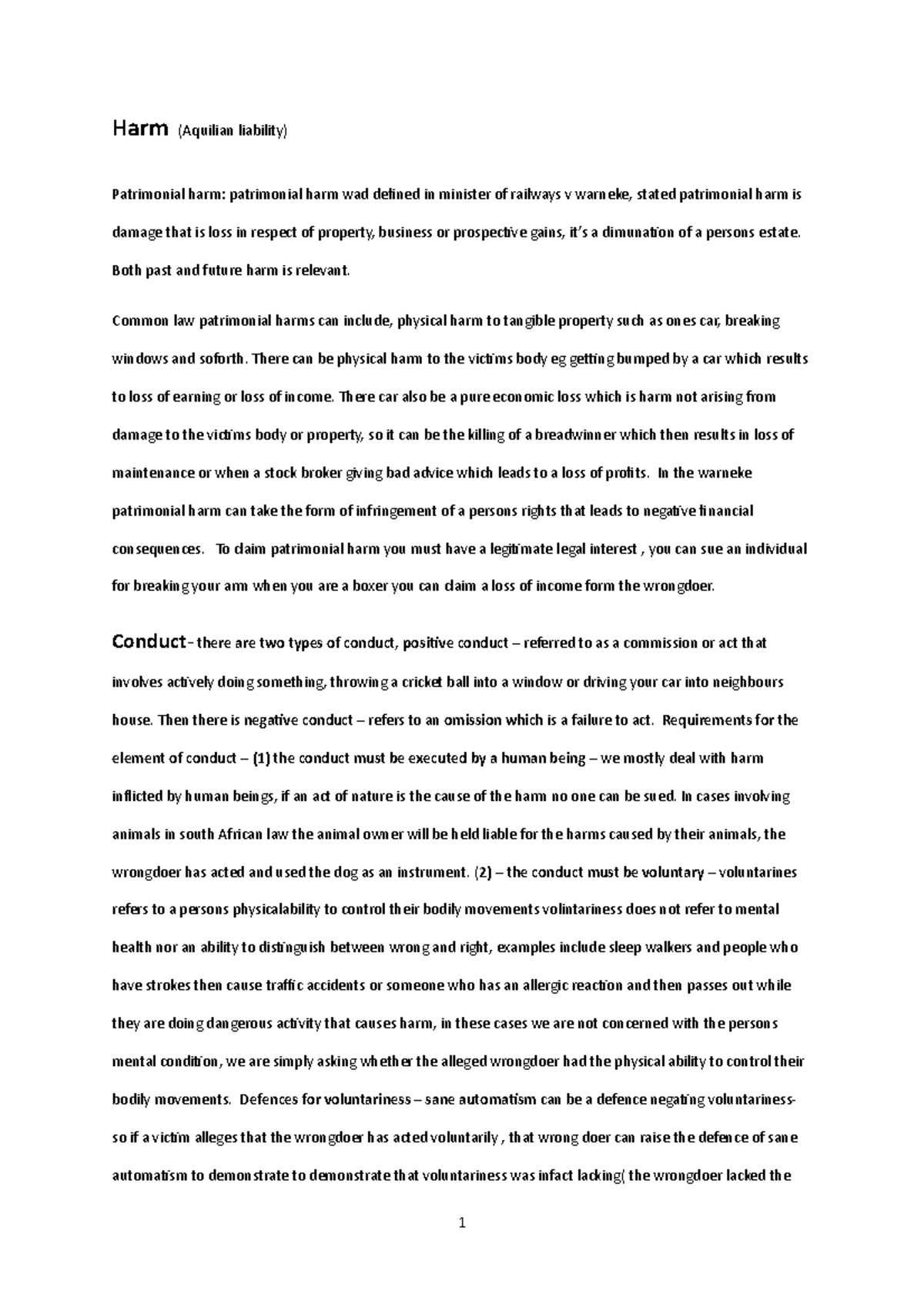 Exam notes delict - Harm (Aquilian liability) Patrimonial harm ...