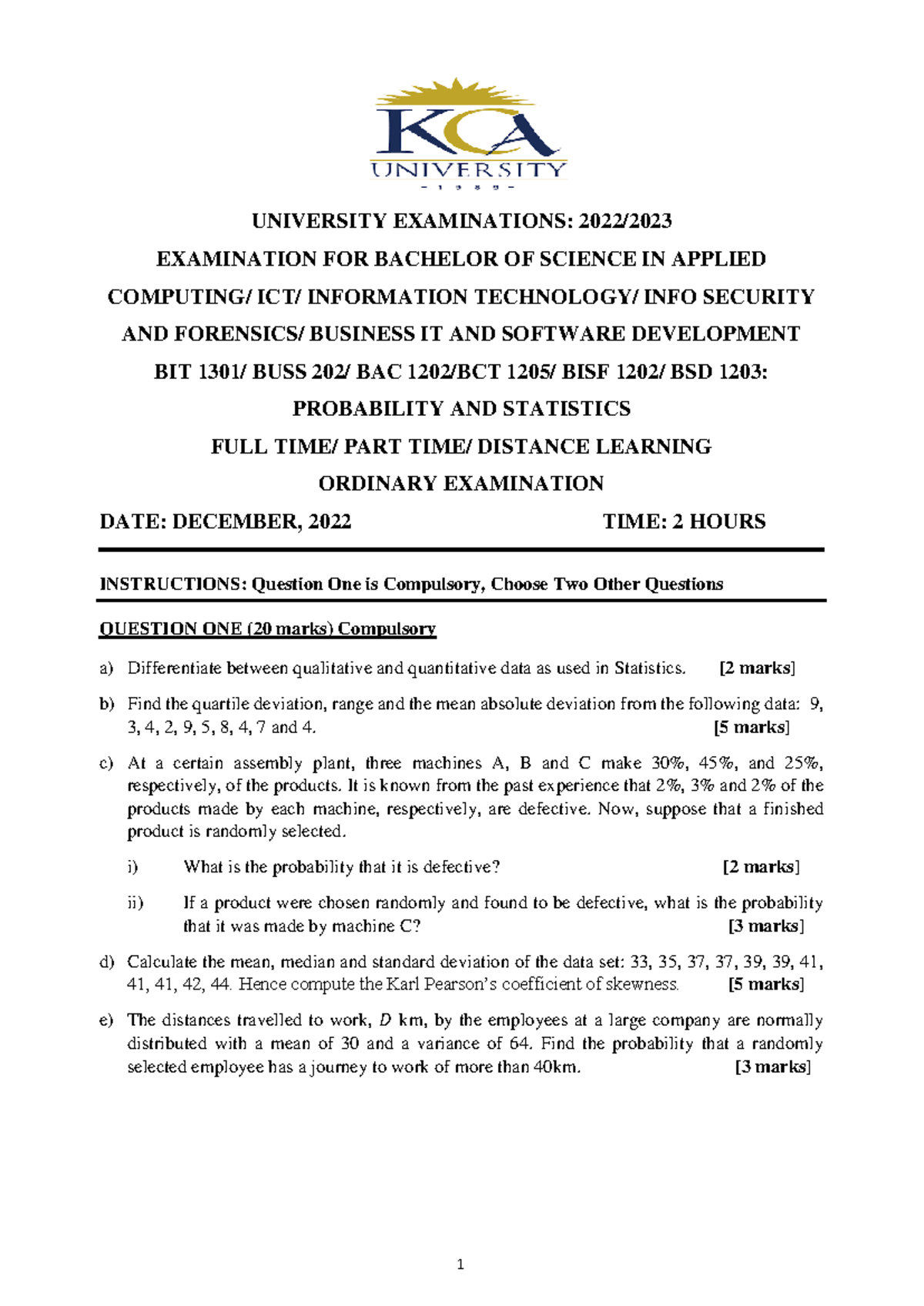 December 2022 Prob and Stats Past paper - UNIVERSITY EXAMINATIONS: 202 ...