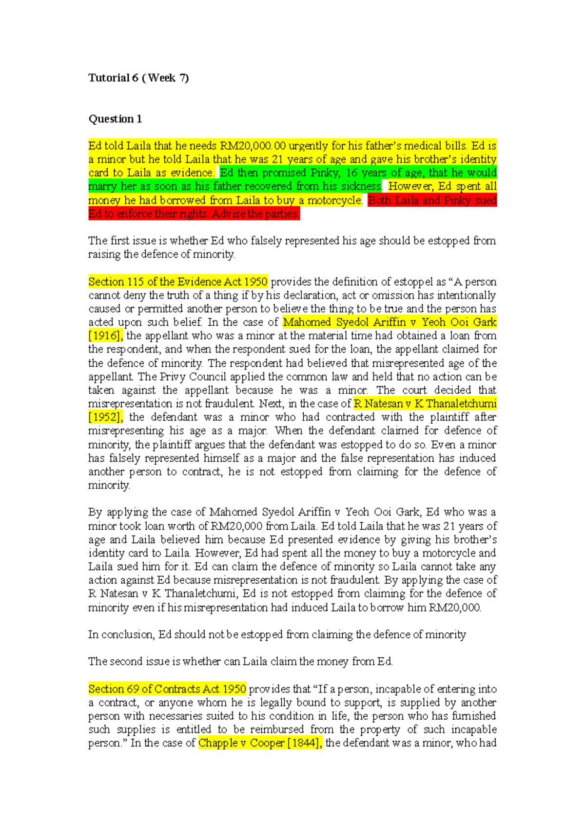 384341 Tutorial 6 (Week 7) - Tutorial 6 ( Week 7) Question 1 Ed Told ...