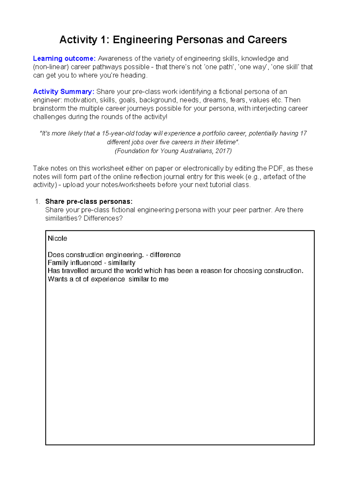 week 3 student worksheet activity 1 engineering personas and careers learning outcome studocu