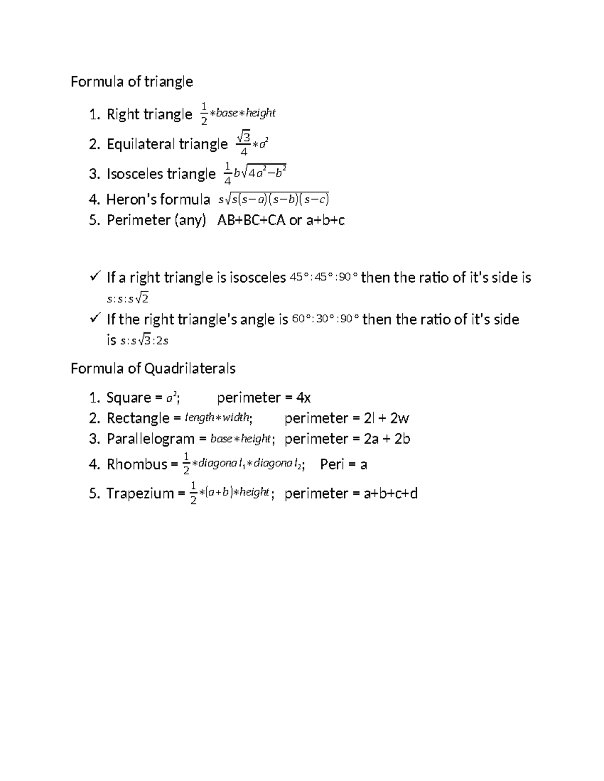Formula of triangle clarify idea about hypothesis Formula of
