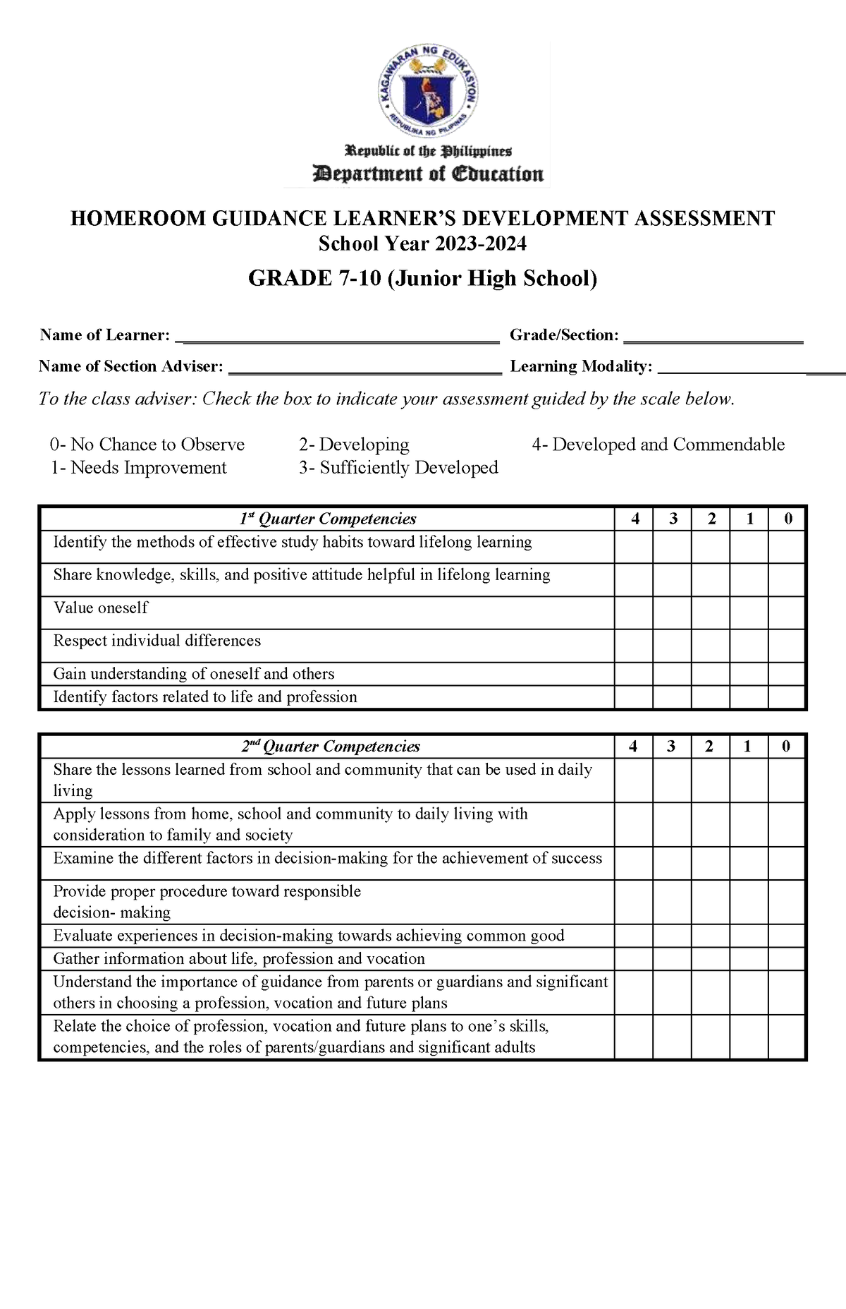 Homeroom Guidance Learners Development Assessment JHS - HOMEROOM ...