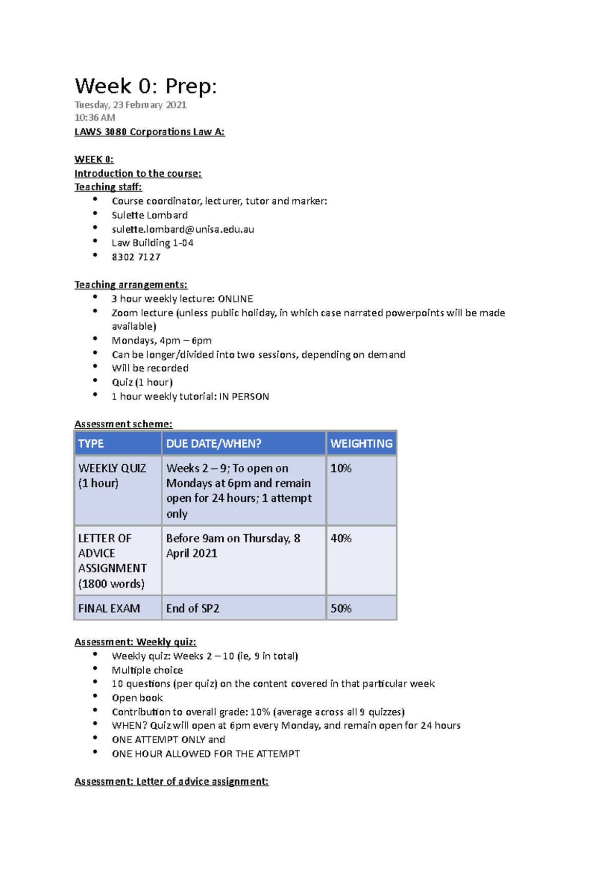 Corporations A - Lecture notes 1-10 - Week 0: Prep: Tuesday, 23 ...