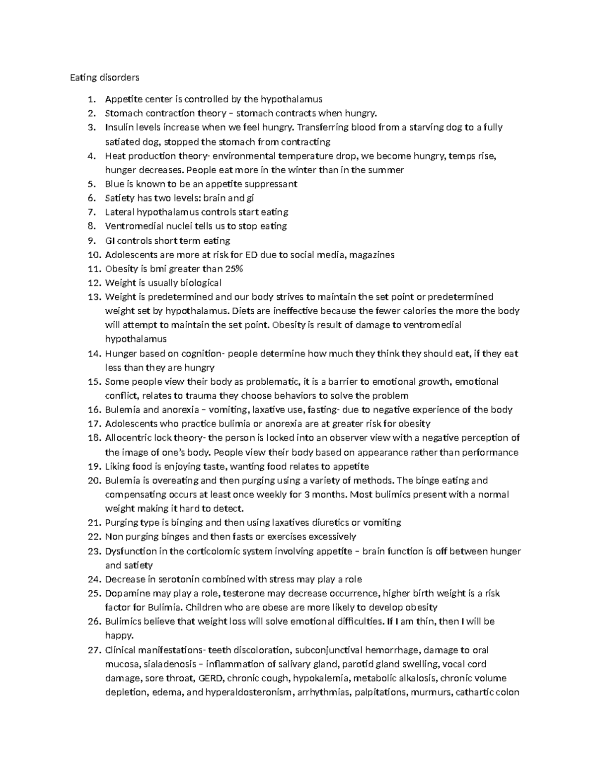 Theory notes module 5 - Eating disorders 1. Appetite center is ...