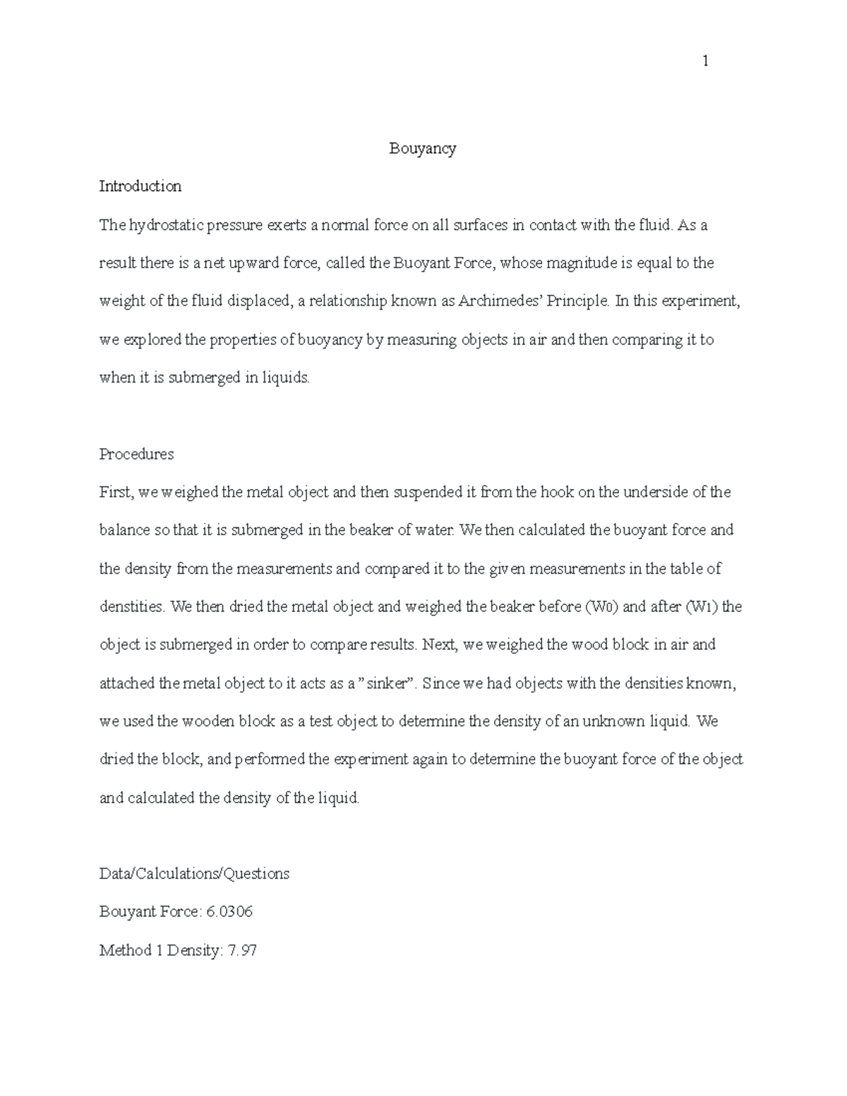 buoyancy experiment lab report