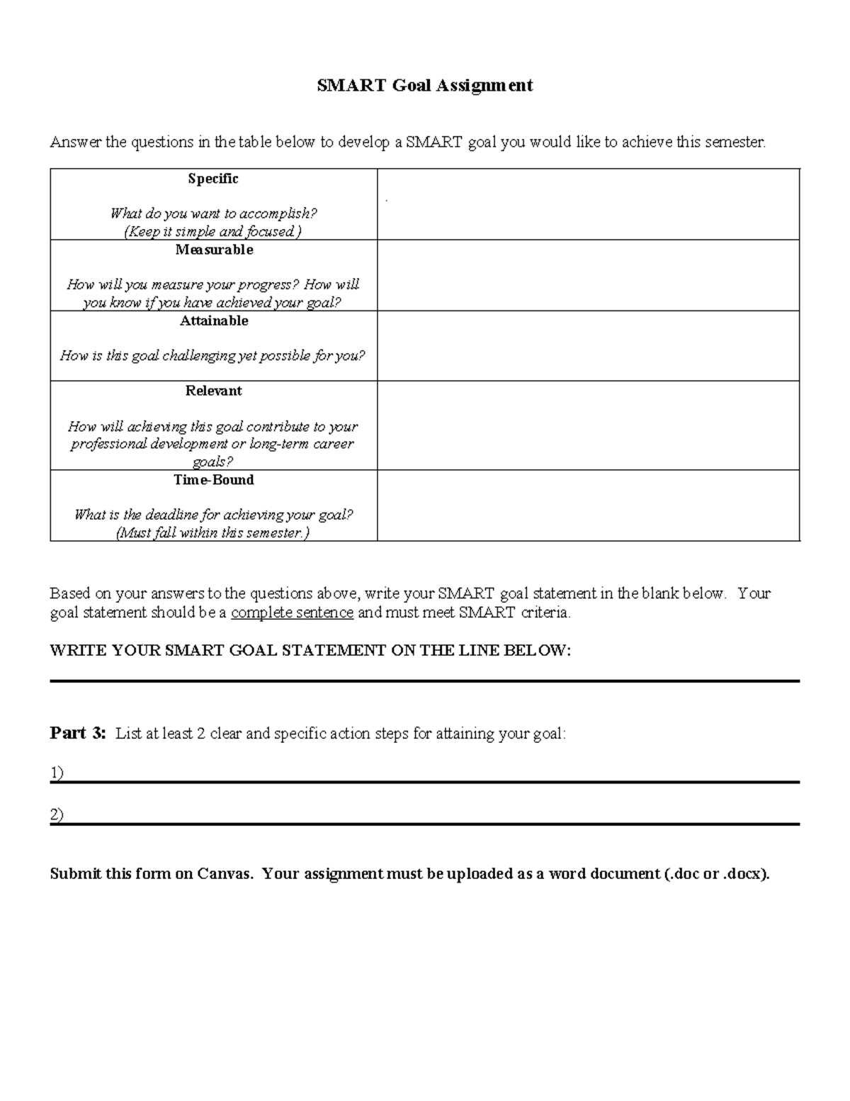 Smart Goal Worksheet - SMART Goal Assignment Answer the questions in ...