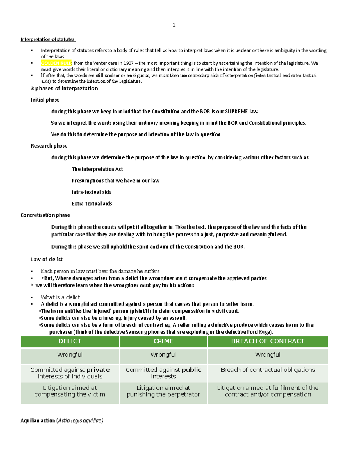 Com law notes - Interpretation of statutes - Interpretation of statutes ...