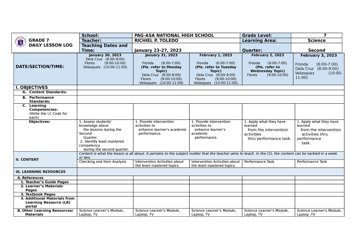 DLL2nd Week 10 - 1234 - GRADE 7 DAILY LESSON LOG School: PAG-ASA ...