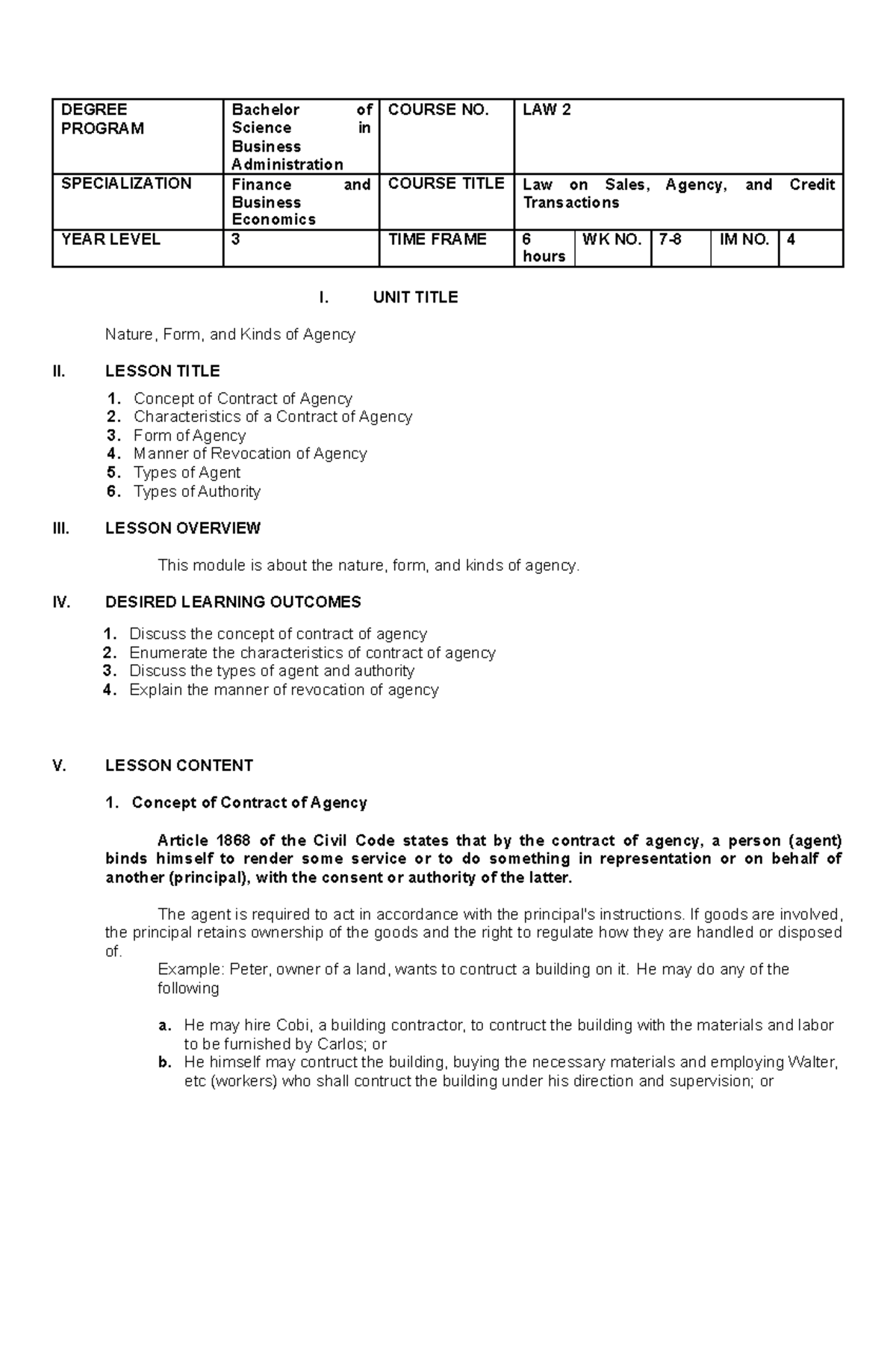 Module 4 LAW 2 - lecture notes and activities - I. UNIT TITLE Nature ...