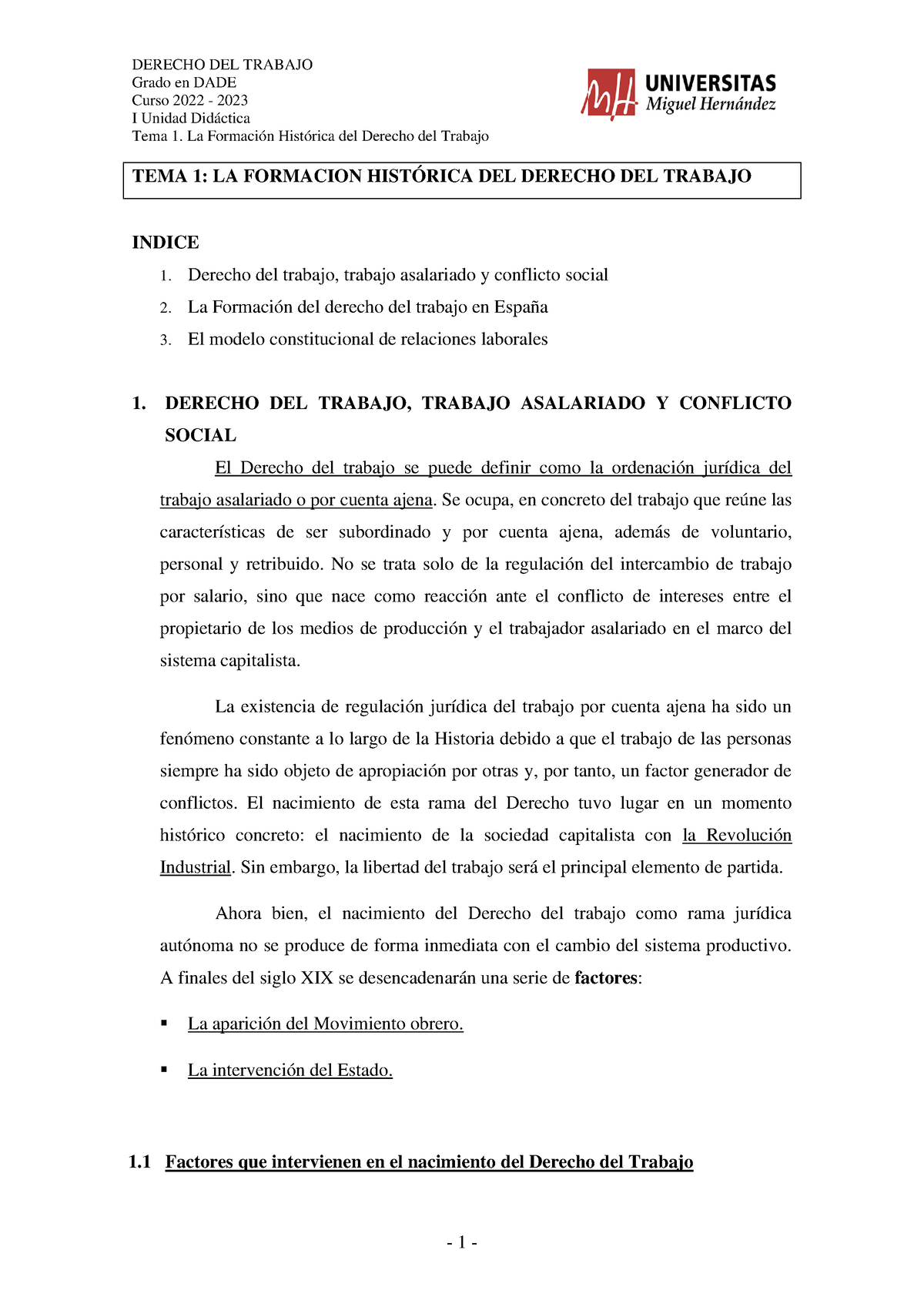 Unidad 1 TEMA 1. La Formación Histórica Del Derecho Del Trabajo 2022 ...