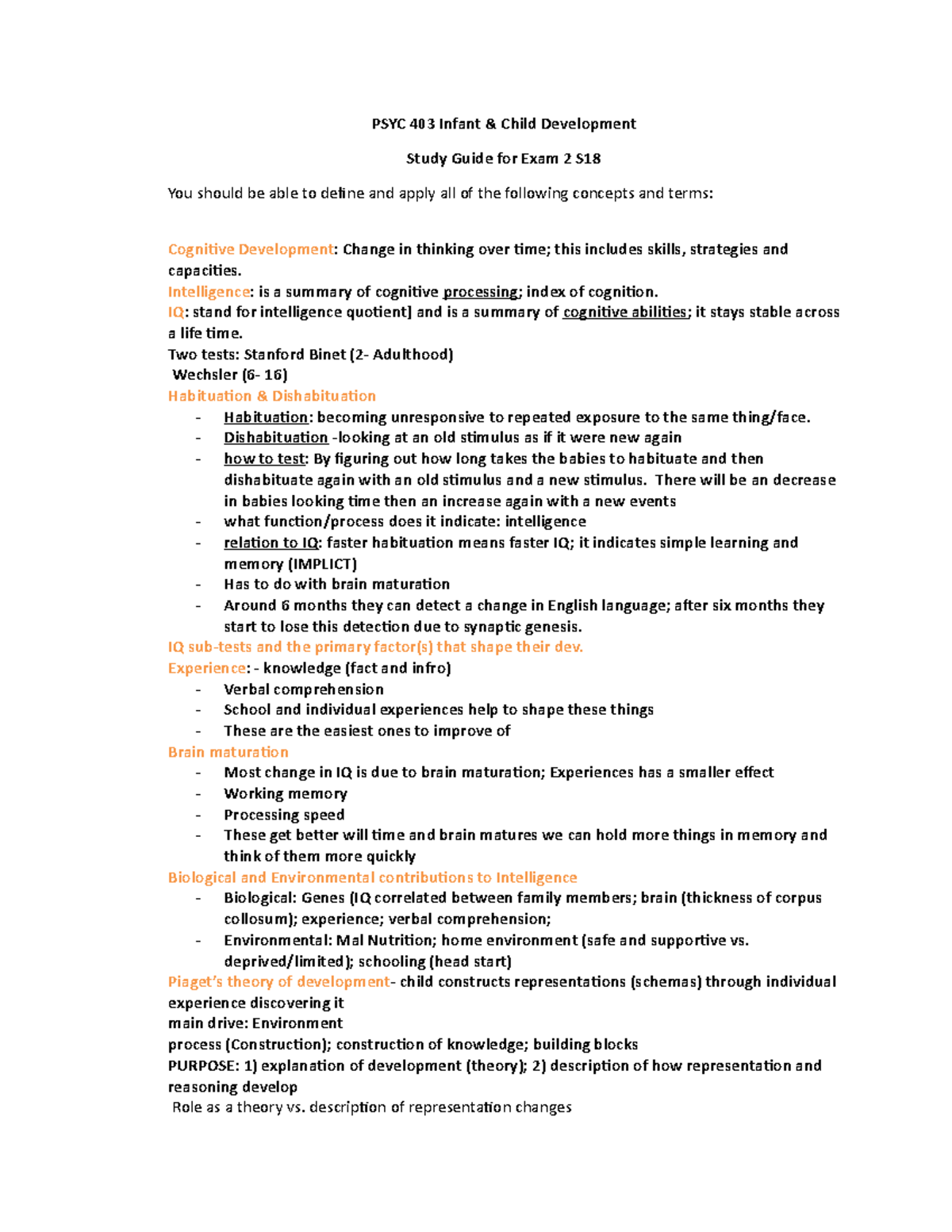 PSYC 403 Study Guide Exam 2 S18 - PSYC 403 Infant Child Development ...