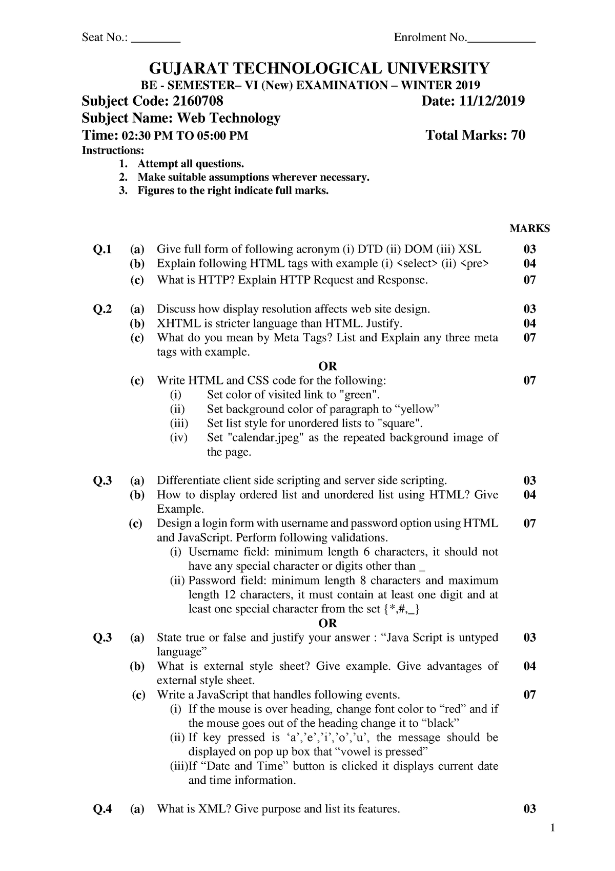 2160708 BE Winter 2019 - Web Technology - 1 Seat No ...