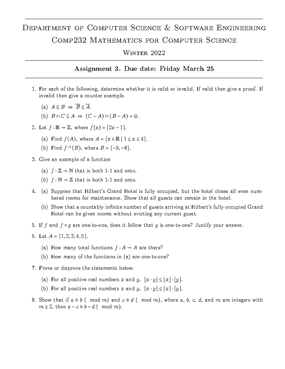 Assignment 3: Functions, Sets and Number Theory - Department of ...