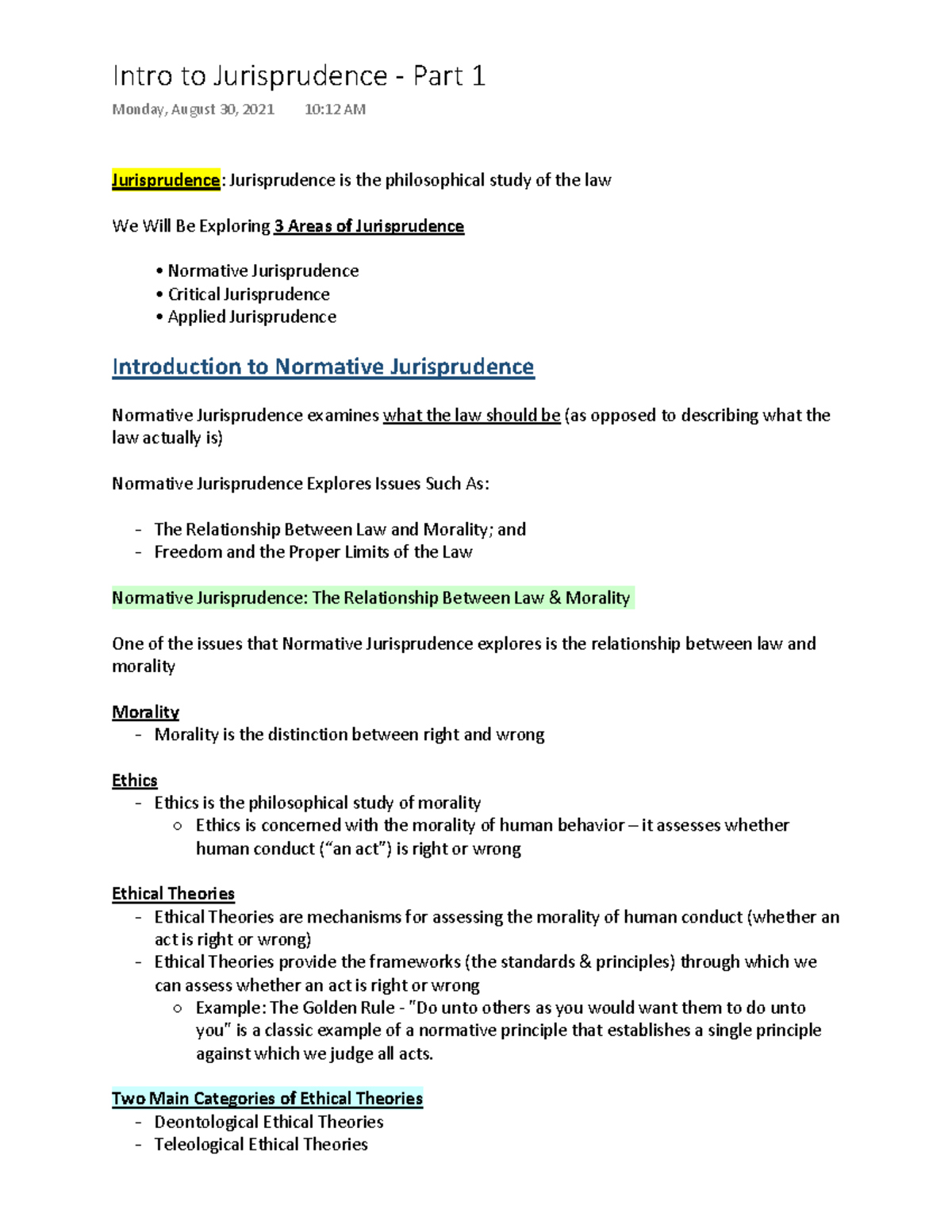 Intro To Jurisprudence - Part 1 - Jurisprudence: Jurisprudence Is The ...