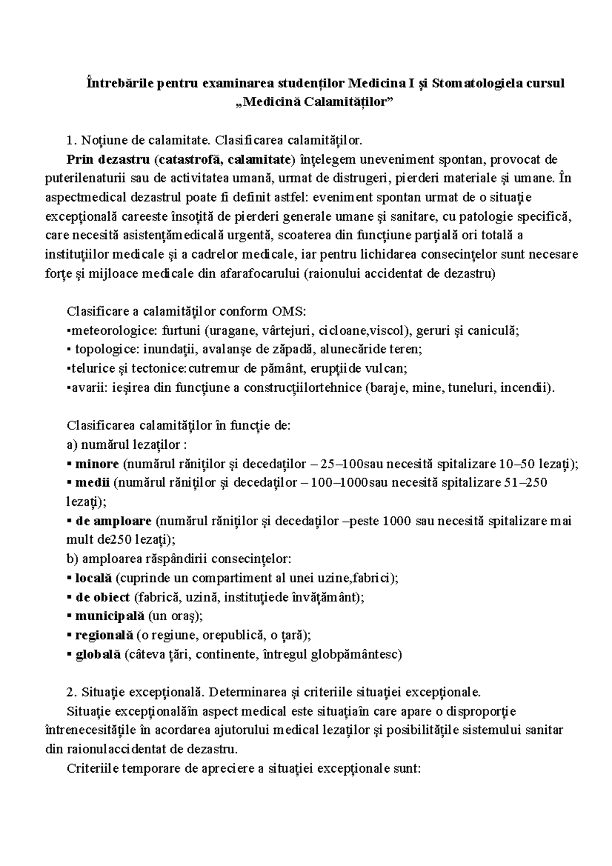 Examen calamitati - Întrebările pentru examinarea studenţilor Medicina ...