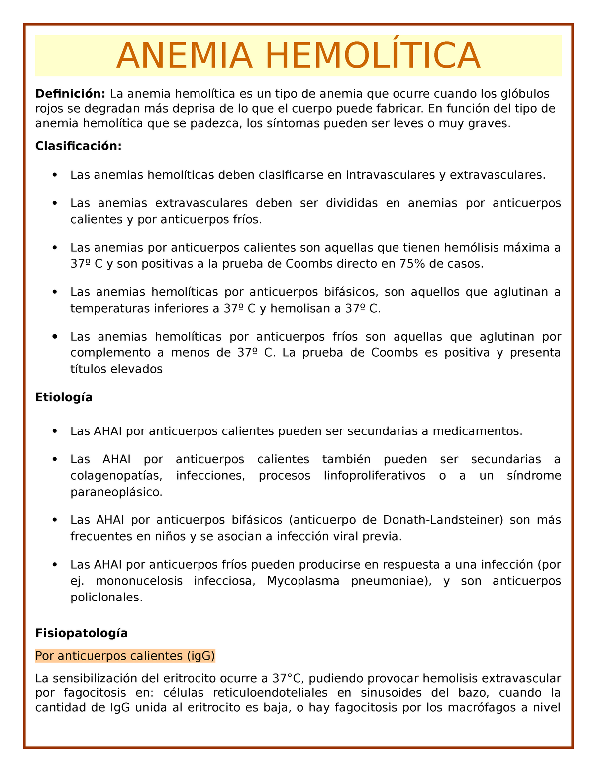 Anemia Hemolítica Resumen Anemia HemolÍtica Definición La Anemia Hemolítica Es Un Tipo De 0437