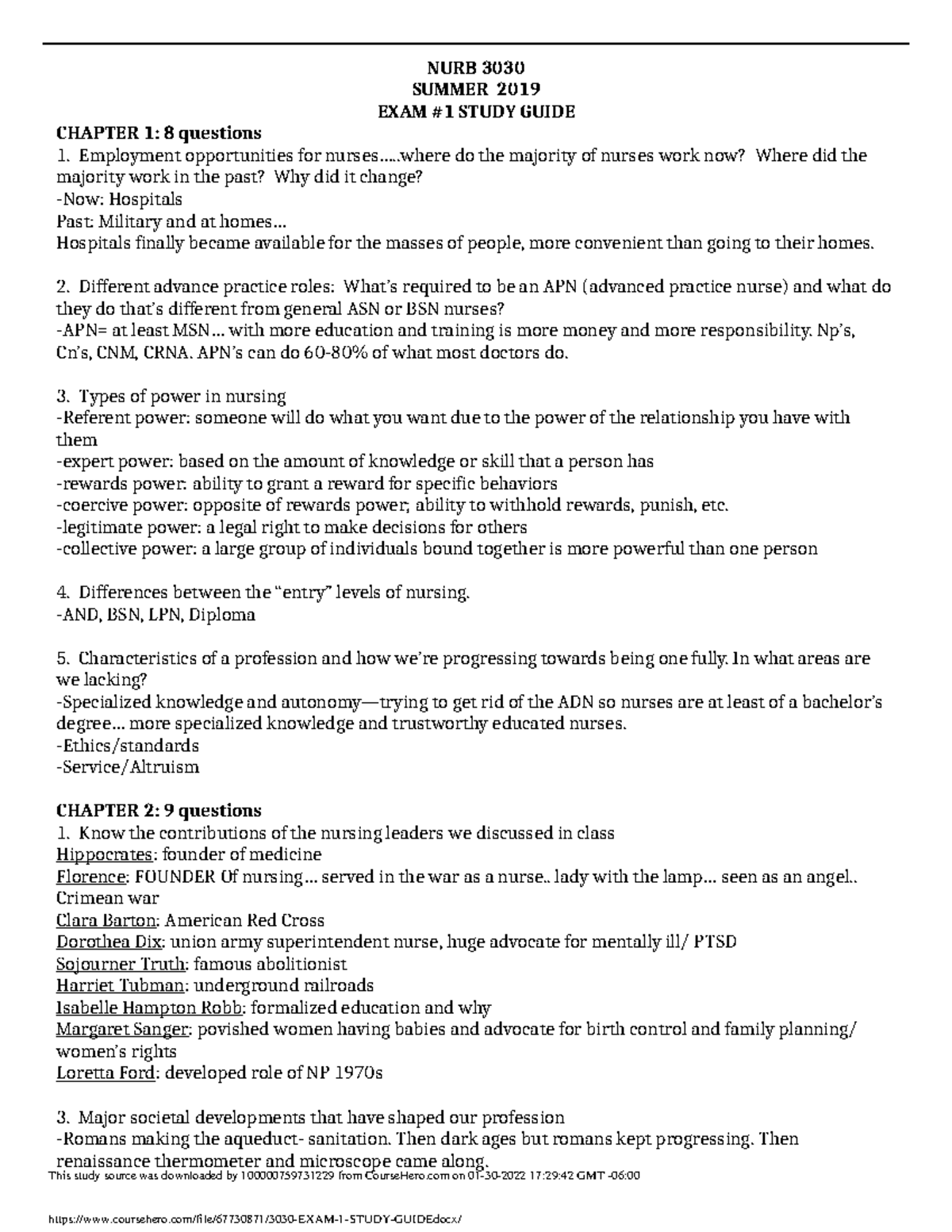 3030 EXAM 1 Study Guide NURB 3030 SUMMER 2019 EXAM 1 STUDY GUIDE
